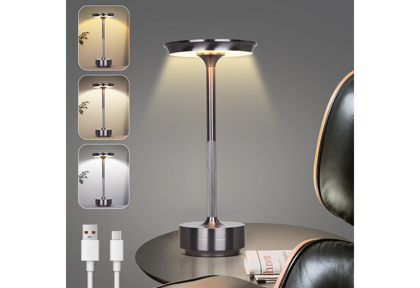 Lapamax LED Tischleuchte Akku Tischleuchte, 3 Lichtfarben, Dimmable, LED, 3 Lichtfarben, Kabellose Nachttischlampe für Wohnraum, Schlafzimmer und Esstisch Bild 3