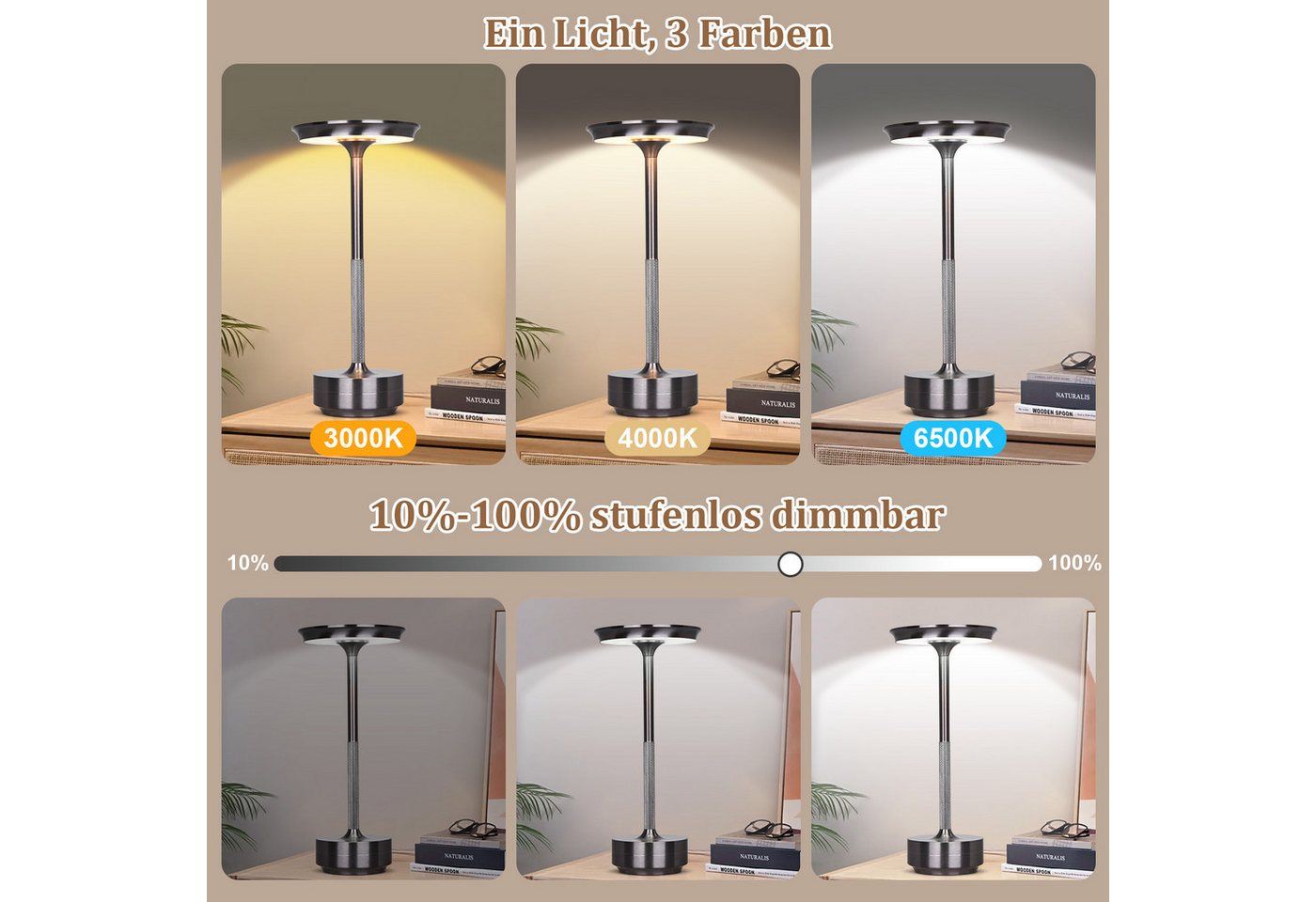 Lapamax LED Tischleuchte Akku Tischleuchte, 3 Lichtfarben, Dimmable, LED, 3 Lichtfarben, Kabellose Nachttischlampe für Wohnraum, Schlafzimmer und Esstisch Bild 4