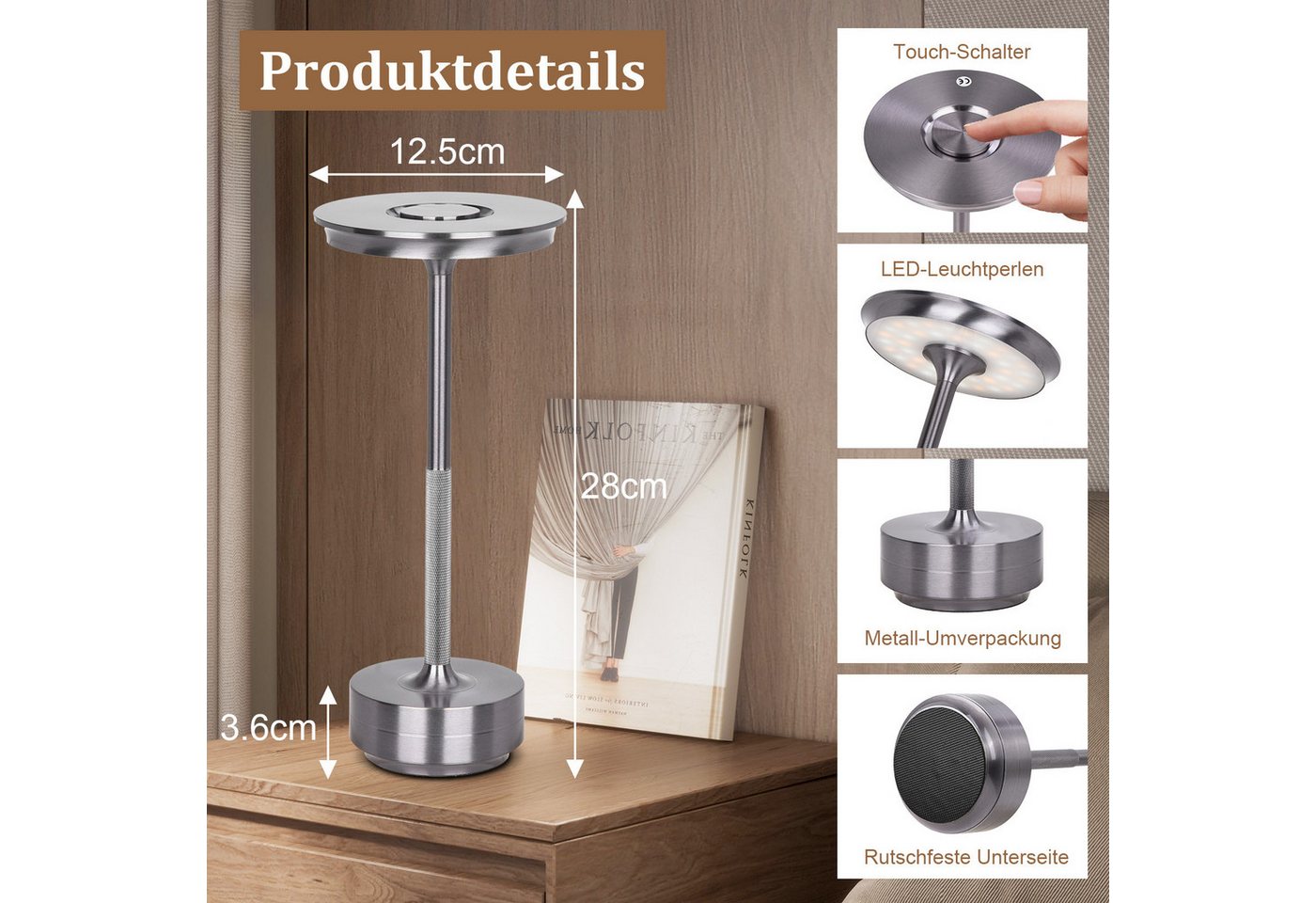 Lapamax LED Tischleuchte Akku Tischleuchte, 3 Lichtfarben, Dimmable, LED, 3 Lichtfarben, Kabellose Nachttischlampe für Wohnraum, Schlafzimmer und Esstisch Bild 5