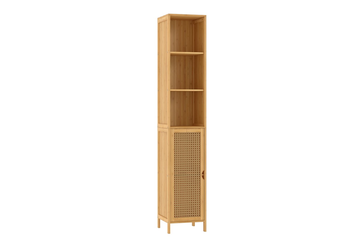 Bellamio Badregal Raba, Badschrank aus Bambus & Rattan, 30×29×170 cm, Hochschrank mit 5 Fächern & 1 Tür, robst und langlebig