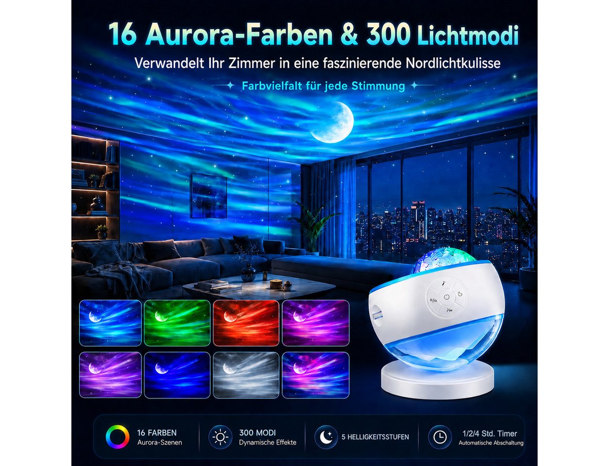 Futicare Nachtlicht LED Sternenhimmel Projektor mit Nordlicht, 16 Farben & 300 Lichtmodi, 5 Motive, Bluetooth-Lautsprecher, 10 Weißrausch-Klänge, Fernbedienung & Timer, Geschenk für Geburtstag & Weihnachten Bild 3