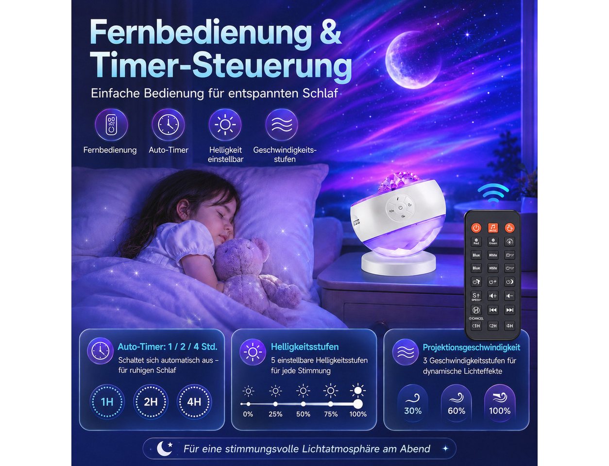 Futicare Nachtlicht LED Sternenhimmel Projektor mit Nordlicht, 16 Farben & 300 Lichtmodi, 5 Motive, Bluetooth-Lautsprecher, 10 Weißrausch-Klänge, Fernbedienung & Timer, Geschenk für Geburtstag & Weihnachten Bild 5