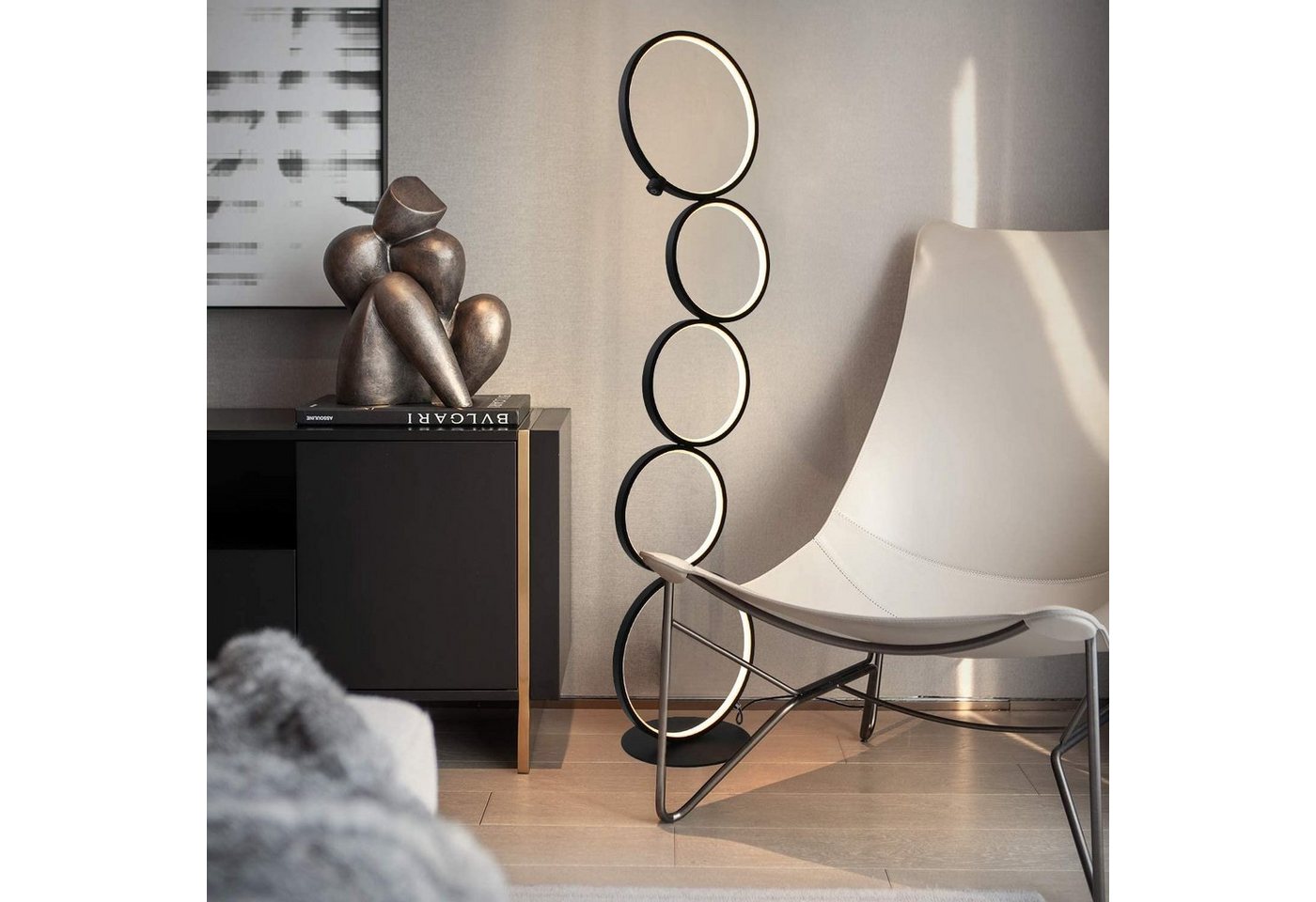 ZMH Stehlampe Wohnzimmer Dimmbar Helligkeit Standleuchte 33W Touch Switch 3000K, Augenschutz, Einfache Installtion, LED fest integriert, Warmweiß, 5-Flammig Ringförmige Schwarz Standlampe für Schlafzimmer