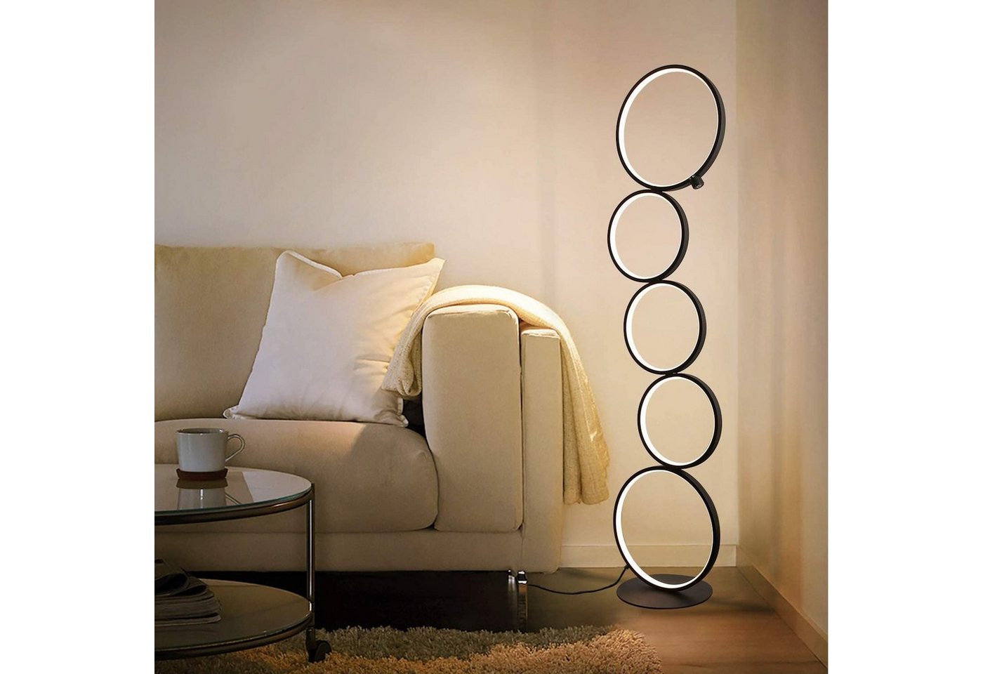 ZMH Stehlampe Wohnzimmer Dimmbar Helligkeit Standleuchte 33W Touch Switch 3000K, Augenschutz, Einfache Installtion, LED fest integriert, Warmweiß, 5-Flammig Ringförmige Schwarz Standlampe für Schlafzimmer Bild 2