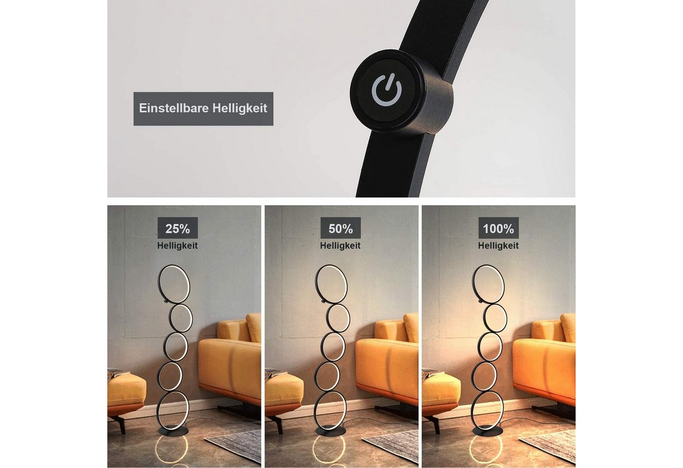 ZMH Stehlampe Wohnzimmer Dimmbar Helligkeit Standleuchte 33W Touch Switch 3000K, Augenschutz, Einfache Installtion, LED fest integriert, Warmweiß, 5-Flammig Ringförmige Schwarz Standlampe für Schlafzimmer Bild 4