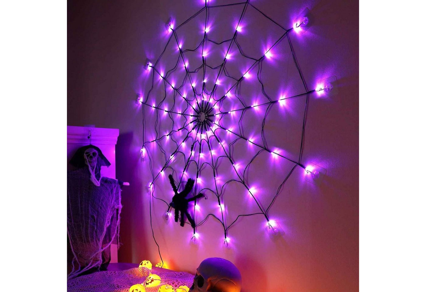 Merry 2024 Dekolicht Halloween Dekoration Party Spinnennetz Lichter,LED Lichterkette, Batterie, Batterie/USB
