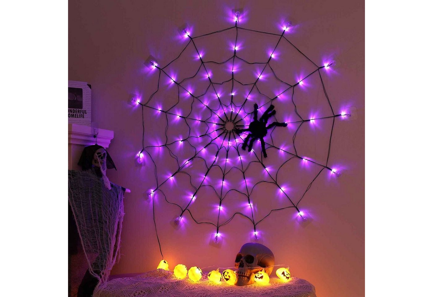 Merry 2024 Dekolicht Halloween Dekoration Party Spinnennetz Lichter,LED Lichterkette, Batterie, Batterie/USB Bild 2