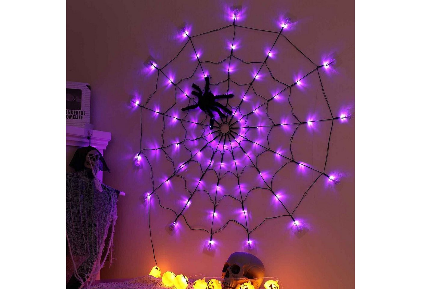 Merry 2024 Dekolicht Halloween Dekoration Party Spinnennetz Lichter,LED Lichterkette, Batterie, Batterie/USB Bild 5