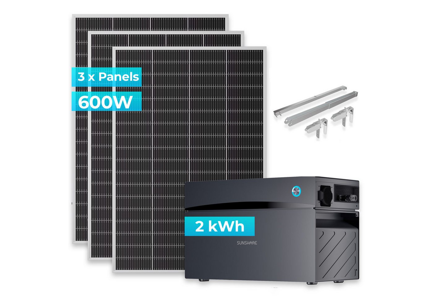 Sunshare Balkonkraftwerk Ray Lite 600W + 2 kWh Glory & Halterung – Modular erweiterbares, 600 W, Monokristallin N‑Typ TOPCon, (Balkonkraftwerk-Komplettset mit Stromspeicher, Ray Lite 600 W, 2 kWh Stromspeicher, 3 Balkonhalterungen), Mit Smart-BMS, IP65-Schutz und Echtzeitkontrolle per App. Bild 4