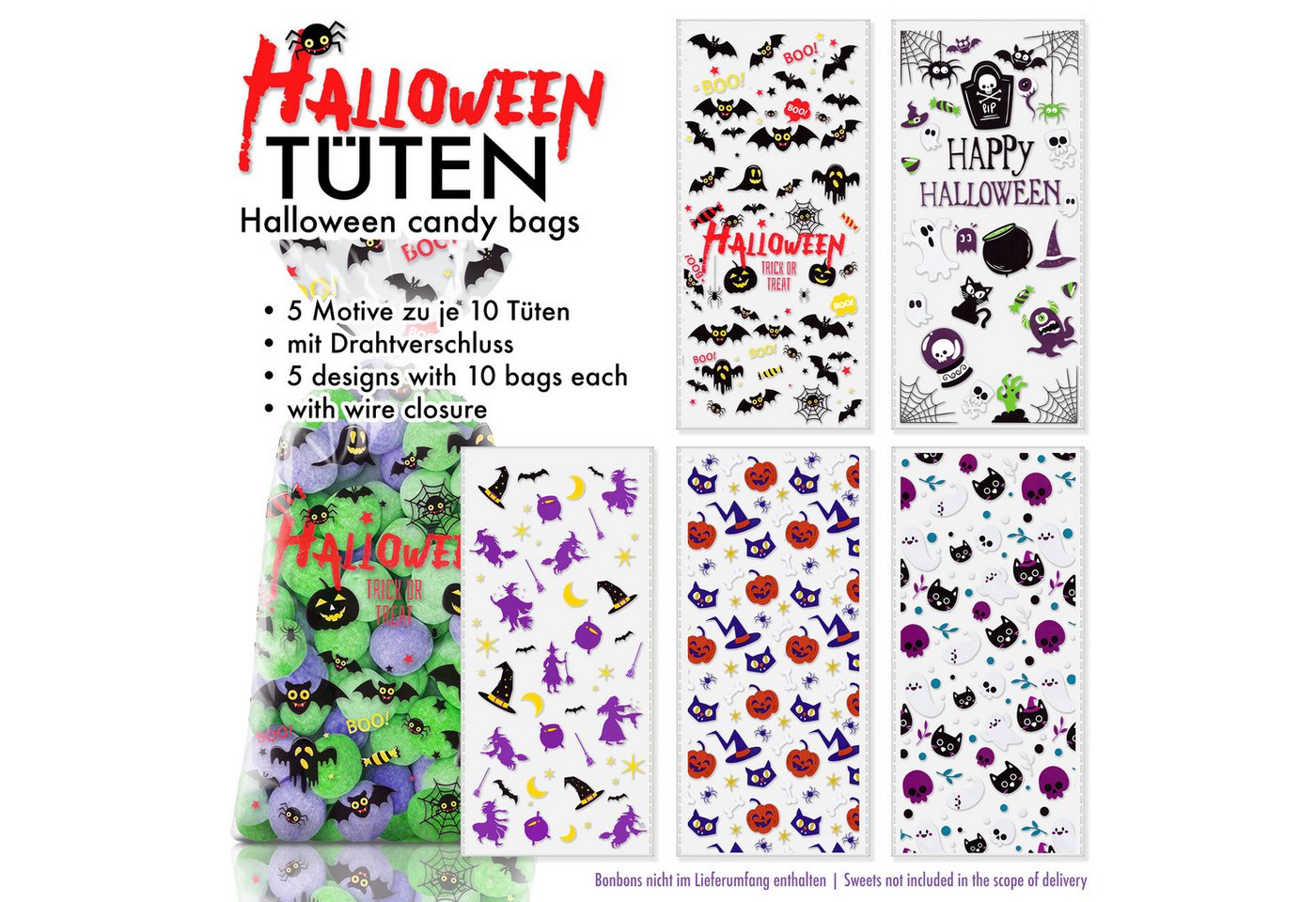 SHIBBY Geschenkfolie 50 bunte Tüten zum Selbstbefüllen für diverse Anlässe, Halloween Bild 2