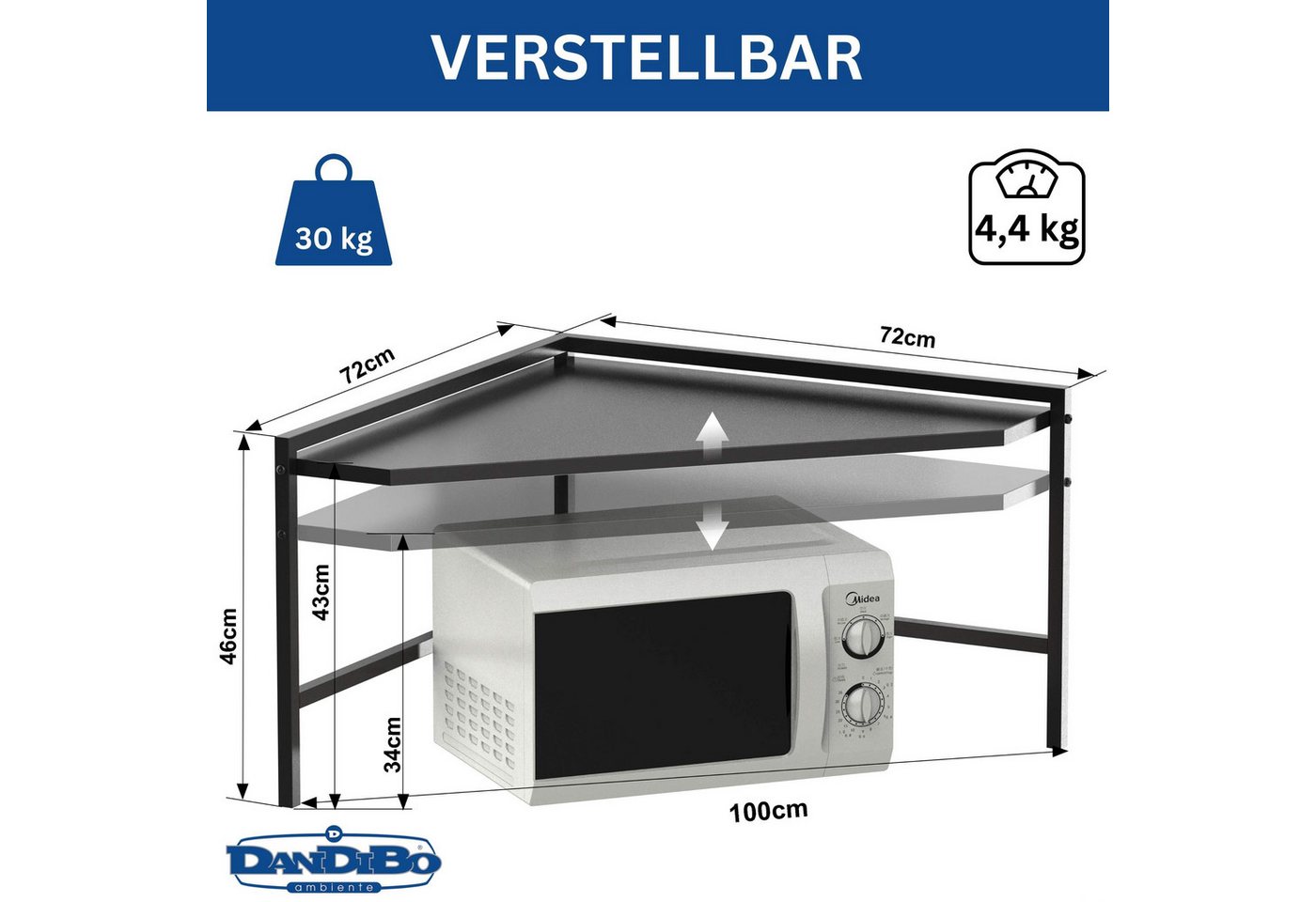 DanDiBo Küchenregal Eckregal Küche Arbeitsplatte Mikrowellenregal 72x72 cm Schwarz 96688 Bild 5