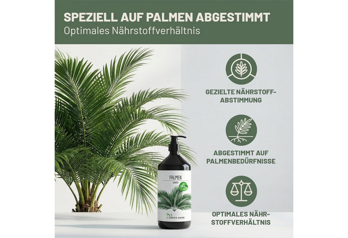 GREEN HOME LOVE NATURE Pflanzendünger Palmendünger flüssig NPK 7+3+5 für Kübel- & Gartenpalmen, Palmen, NPK 7+3+5, Spurennährstoffe, chelatiert, Dosierpumpe