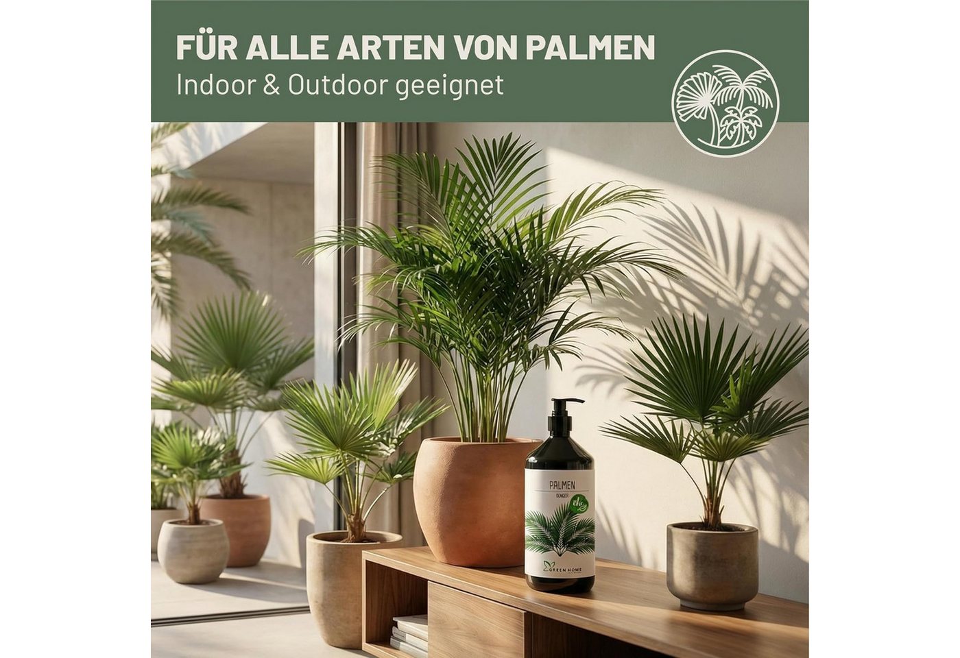 GREEN HOME LOVE NATURE Pflanzendünger Palmendünger flüssig NPK 7+3+5 für Kübel- & Gartenpalmen, Palmen, NPK 7+3+5, Spurennährstoffe, chelatiert, Dosierpumpe Bild 2