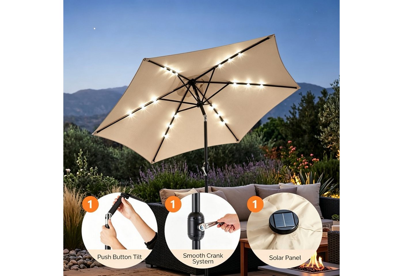 ibettertec Sonnenschirm Stabiler Marktschirm mit LED-Lichtern für Garten, Terrasse und Balkon, 9 ft,6 Rippen,Garten, Hinterhof & Pool,Outdoor Tischschirm