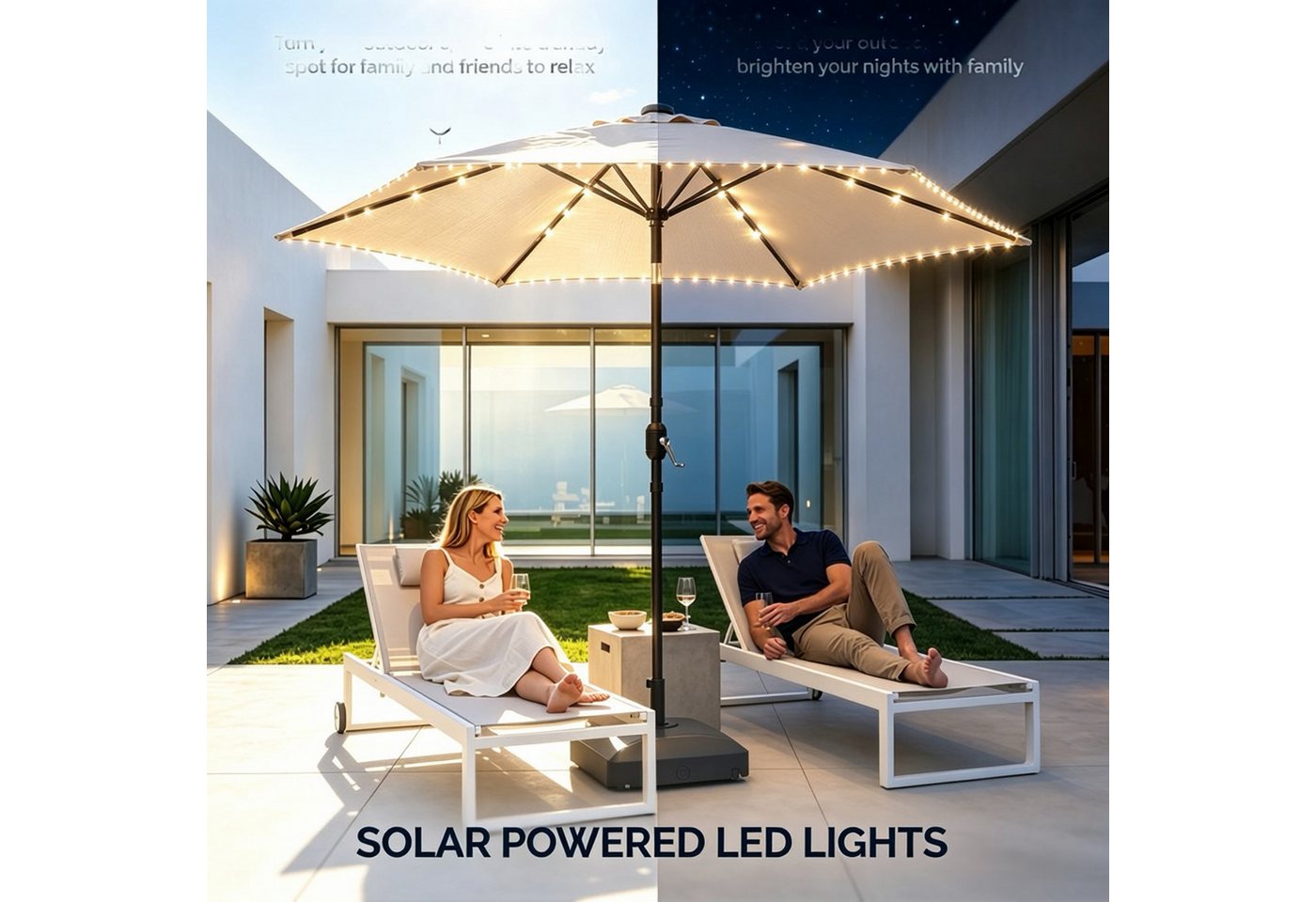 ibettertec Sonnenschirm Stabiler Marktschirm mit LED-Lichtern für Garten, Terrasse und Balkon, 9 ft,6 Rippen,Garten, Hinterhof & Pool,Outdoor Tischschirm Bild 3