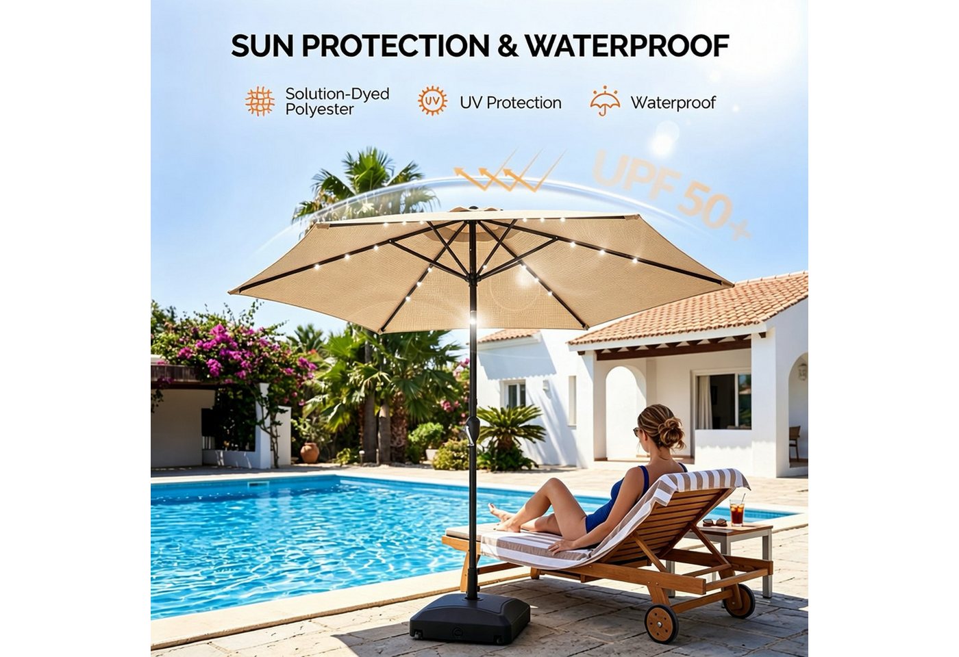 ibettertec Sonnenschirm Stabiler Marktschirm mit LED-Lichtern für Garten, Terrasse und Balkon, 9 ft,6 Rippen,Garten, Hinterhof & Pool,Outdoor Tischschirm Bild 5