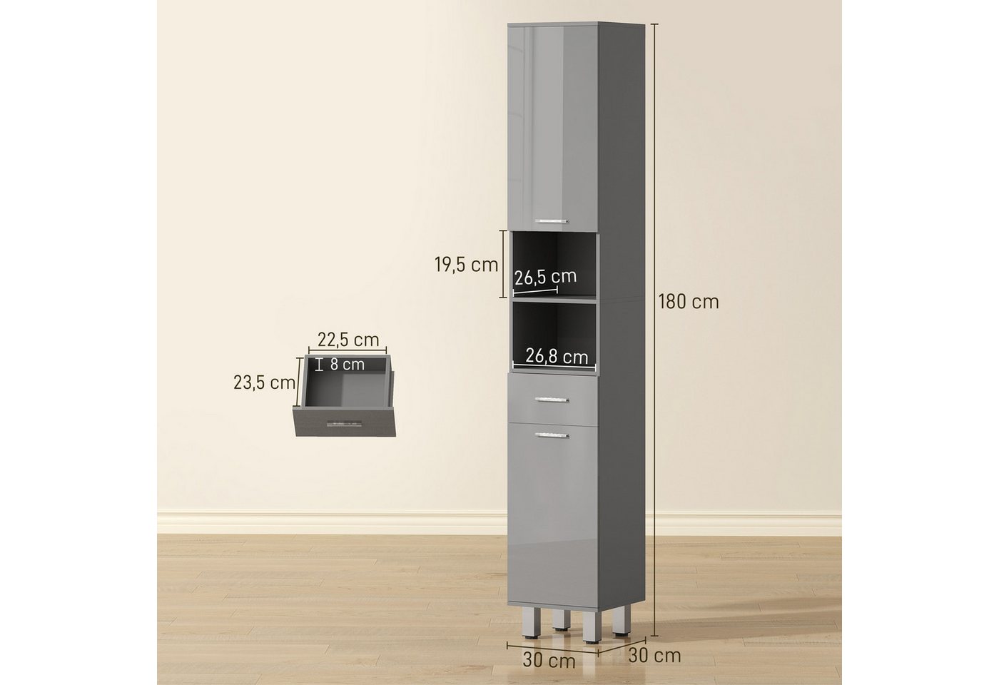 Kleankin Badkommode Badezimmerschrank Hochschrank verstellbare Ablage 2 offene Fächer (Toilettenschrank, 1 St., Badschrank), für kleine Räume Badezimmer 30 x 30 x 180 cm Grau Bild 3