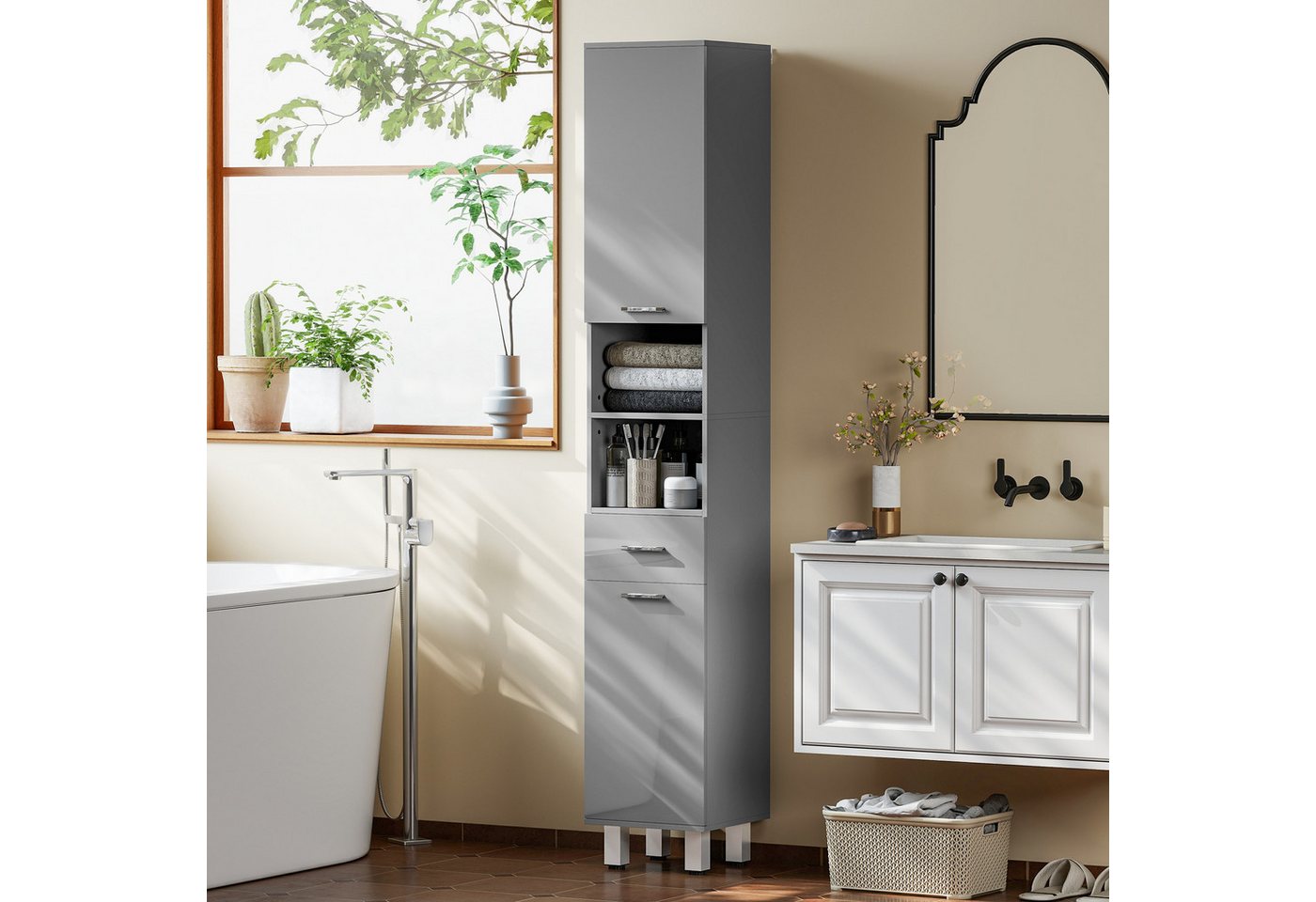 Kleankin Badkommode Badezimmerschrank Hochschrank verstellbare Ablage 2 offene Fächer (Toilettenschrank, 1 St., Badschrank), für kleine Räume Badezimmer 30 x 30 x 180 cm Grau Bild 5