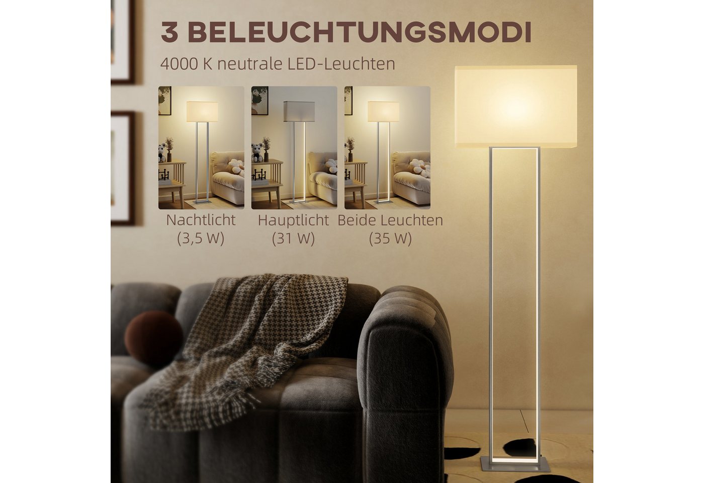 HOMCOM Stehlampe LED Stehleuchte mit Leinen-Lampenschirm, minimalistisch, Nachtlicht, Fußschalter, LED, Neutralweiß, Nachtleuchte für Schlafzimmer Weiß