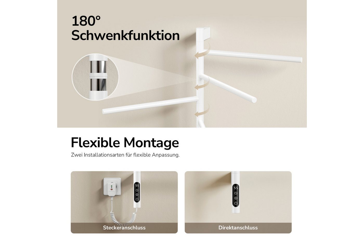 EMKE Elektrischer Badheizkörper Handtuchheizkörper mit 6 schwenkbaren Armen, LED‑Touchscreen, 135 W, mit App‑Steuerung & Sprachsteuerung 78,2 x 45 cm