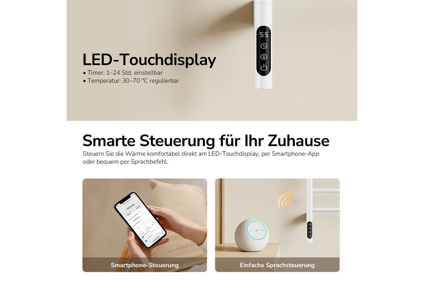 EMKE Elektrischer Badheizkörper Handtuchheizkörper mit 6 schwenkbaren Armen, LED‑Touchscreen, 135 W, mit App‑Steuerung & Sprachsteuerung 78,2 x 45 cm Bild 4