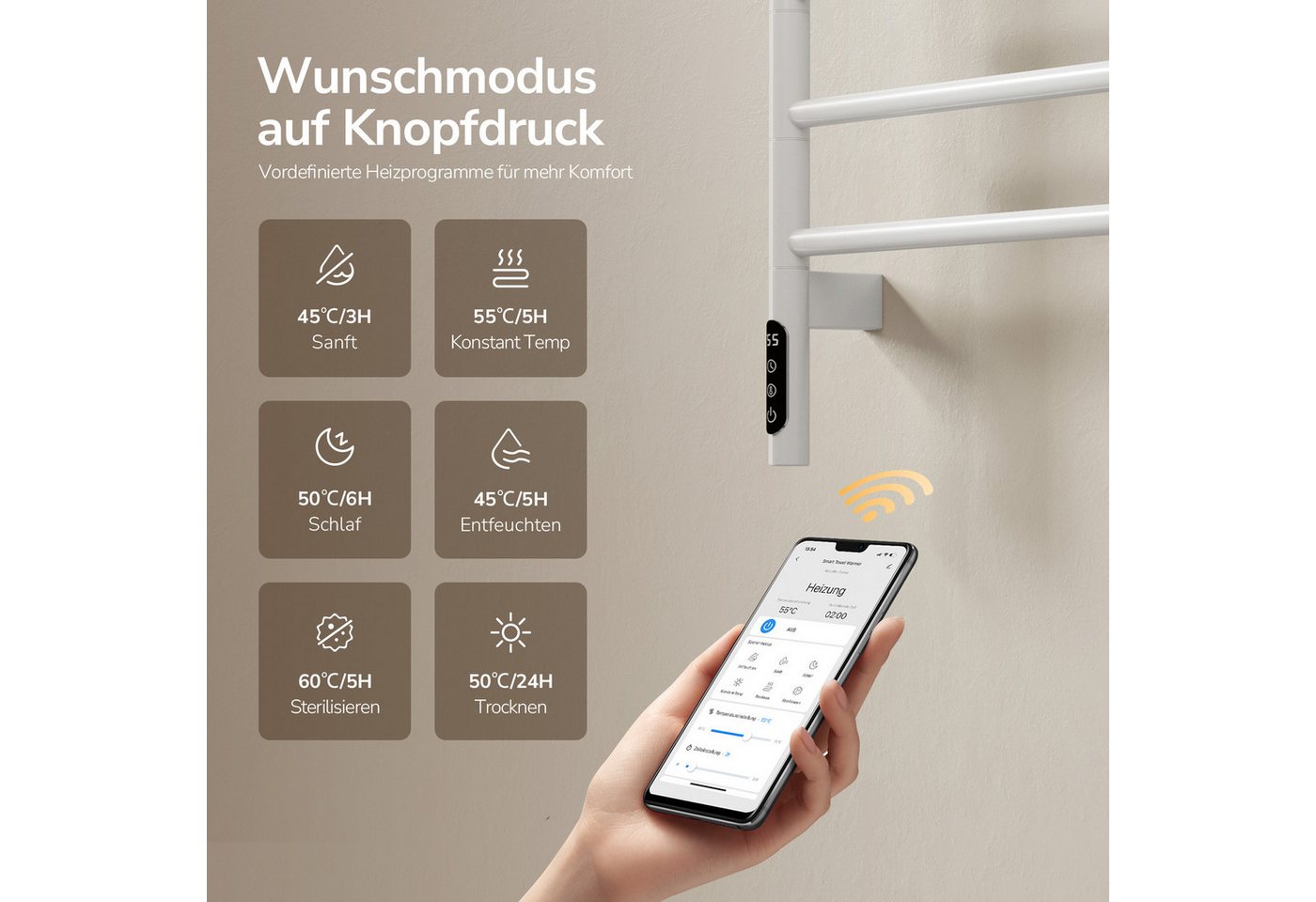 EMKE Elektrischer Badheizkörper Handtuchheizkörper mit 6 schwenkbaren Armen, LED‑Touchscreen, 135 W, mit App‑Steuerung & Sprachsteuerung 78,2 x 45 cm Bild 5