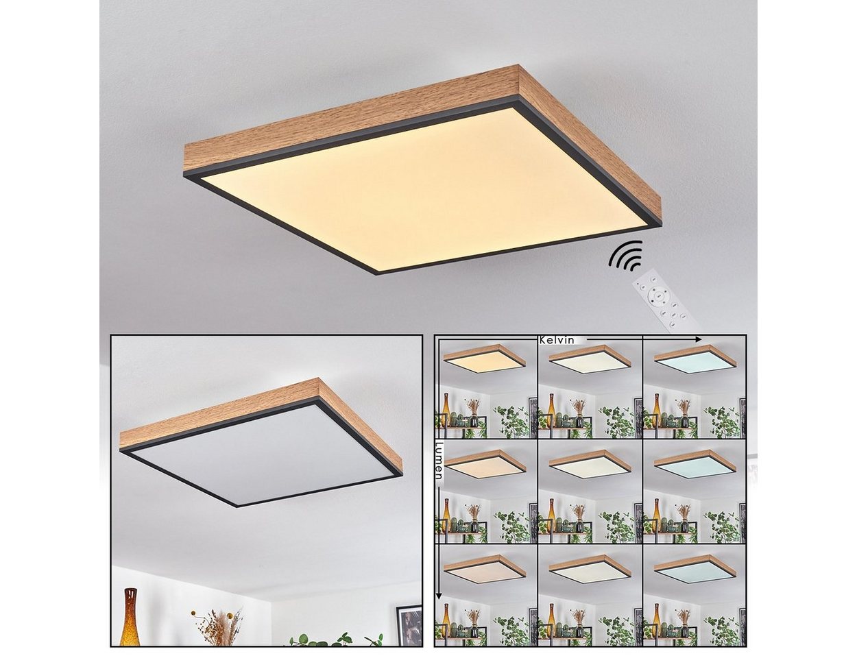 hofstein Deckenleuchte »Vacil« eckige Deckenlampe aus Metall in Schwarz/Braun und Holzoptik, 4000 Kelvin, 24 Watt, 150-1500 Lumen, dimmbar über beiliegende Fernbedienung Bild 2