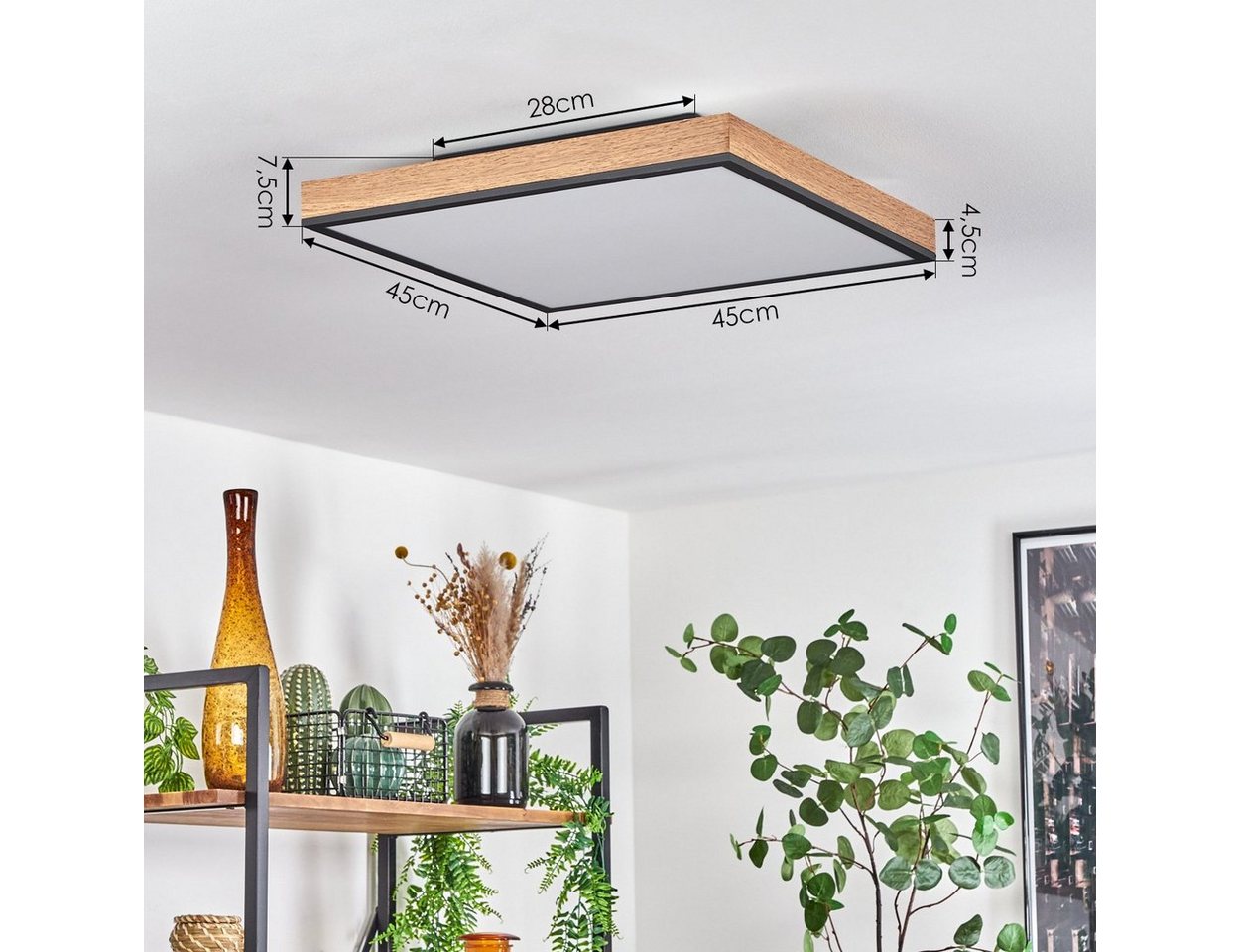 hofstein Deckenleuchte »Vacil« eckige Deckenlampe aus Metall in Schwarz/Braun und Holzoptik, 4000 Kelvin, 24 Watt, 150-1500 Lumen, dimmbar über beiliegende Fernbedienung Bild 3
