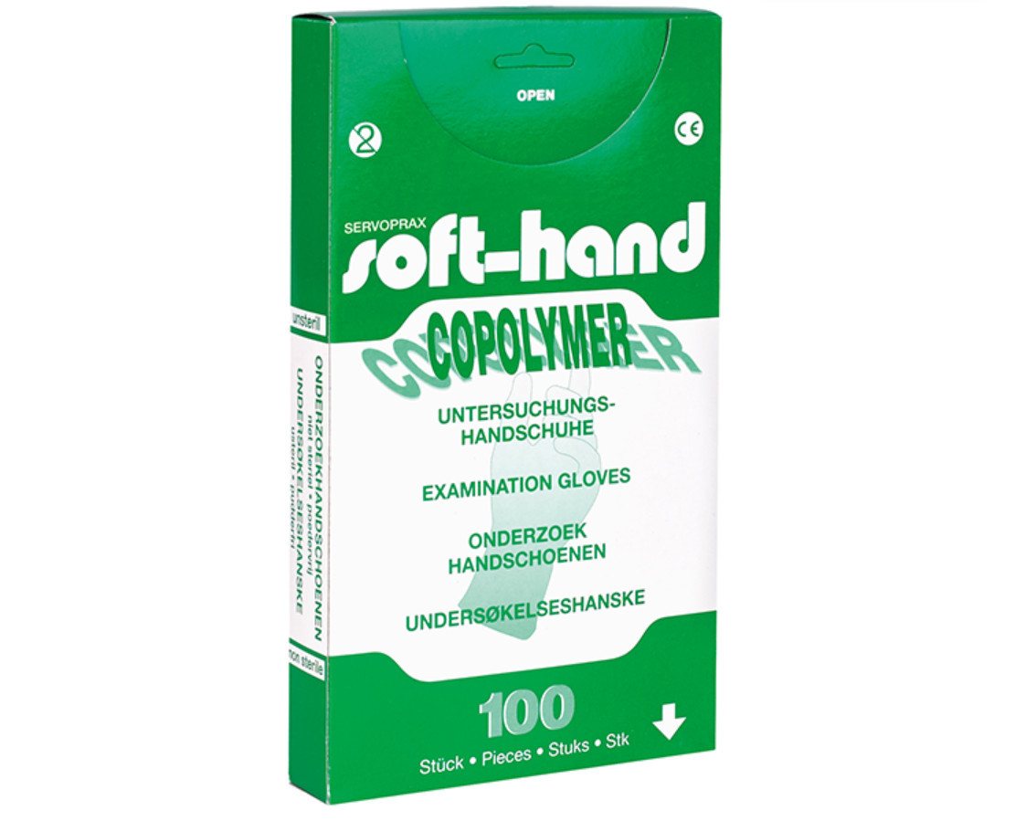 DocMed Einweghandschuhe Soft-Hand Copolymer - unsteril (Pflegehandschuhe, 100-St., Unsteril Untersuchungshandschuhe, Flexibel und komfortabel) Praktische Verpackung:, Leichtes Anziehen