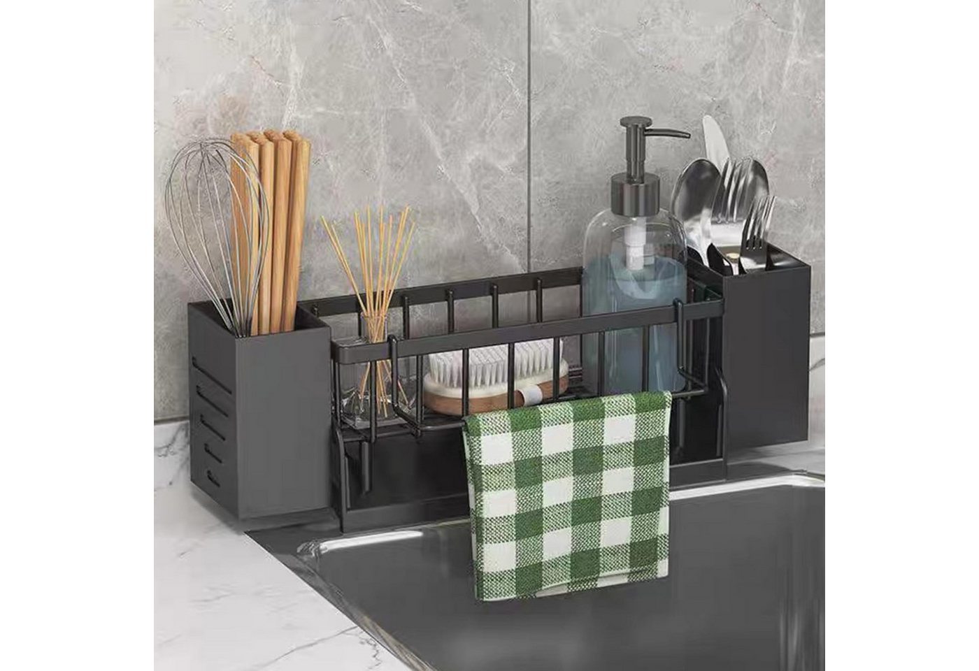 Zyronn Küchenorganizer-Set Spülbecken Organizer Hängend,Kein Bohren Spüle Organizer Schwammhalter, Küchenutensilienhalter mit 2 Stäbchenhalter