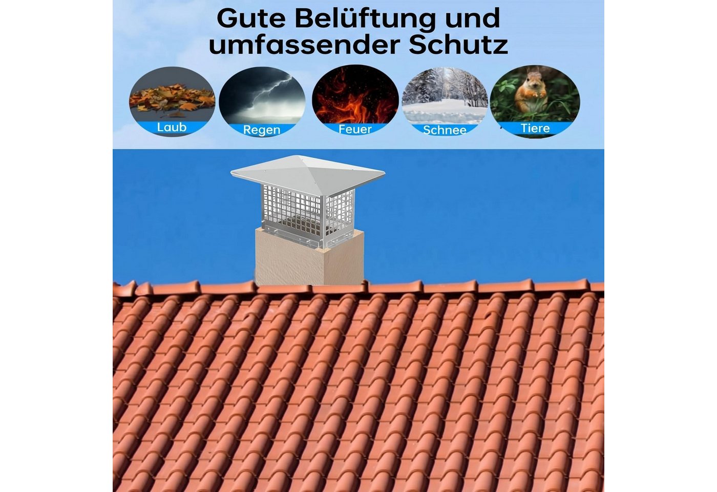 GarveeMore Schornstein-Regenhaube Quadratischer Schornsteinschutz mit vorgebohrten Löchern, aus 304 Edelstahl, Schutz vor Laub, Regen, Schnee, Feuer & Tieren Bild 3