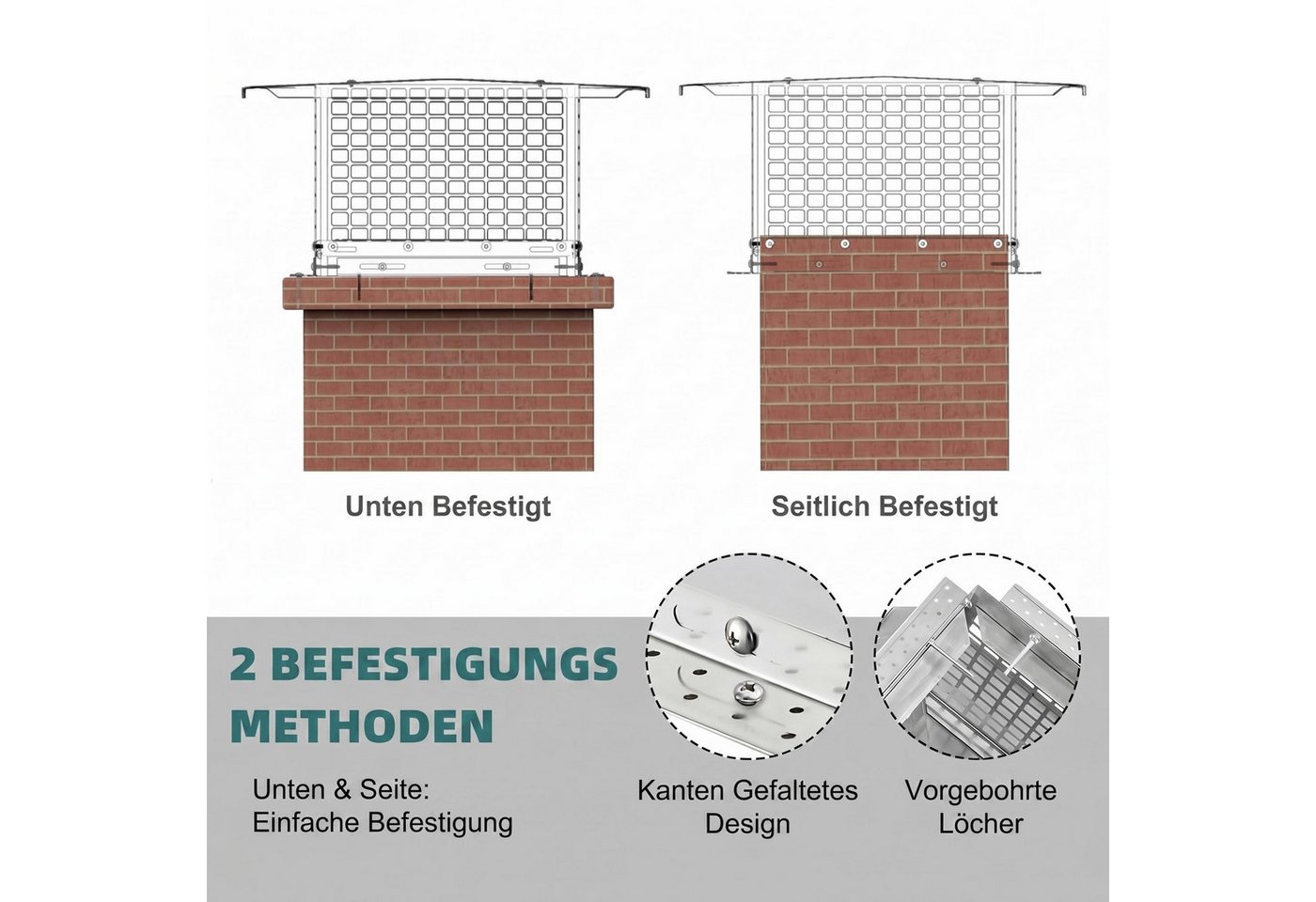 GarveeMore Schornstein-Regenhaube Quadratischer Schornsteinschutz mit vorgebohrten Löchern, aus 304 Edelstahl, Schutz vor Laub, Regen, Schnee, Feuer & Tieren Bild 4