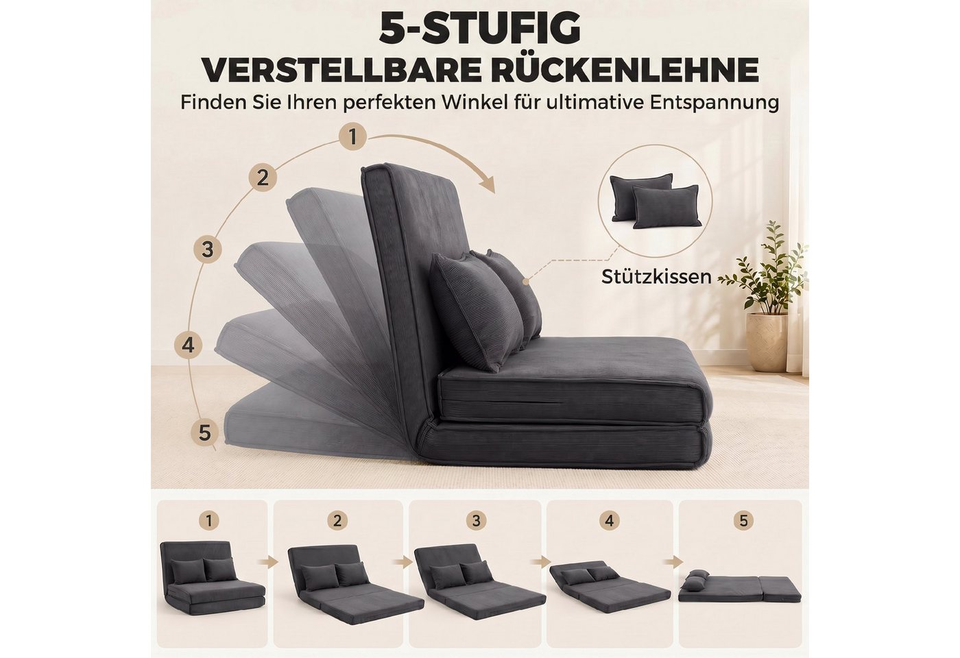 HOMCOM Bodenkissen 3 in 1 Schlafsofa Klappsofa mit 2 Kissen und Verstellbarer Rückenlehne, 3-in-1, 5-fach verstellbar, 2 Kissen Bild 2