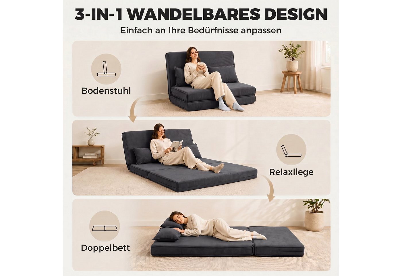 HOMCOM Bodenkissen 3 in 1 Schlafsofa Klappsofa mit 2 Kissen und Verstellbarer Rückenlehne, 3-in-1, 5-fach verstellbar, 2 Kissen Bild 4