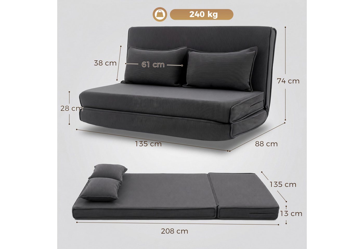 HOMCOM Bodenkissen 3 in 1 Schlafsofa Klappsofa mit 2 Kissen und Verstellbarer Rückenlehne, 3-in-1, 5-fach verstellbar, 2 Kissen Bild 5