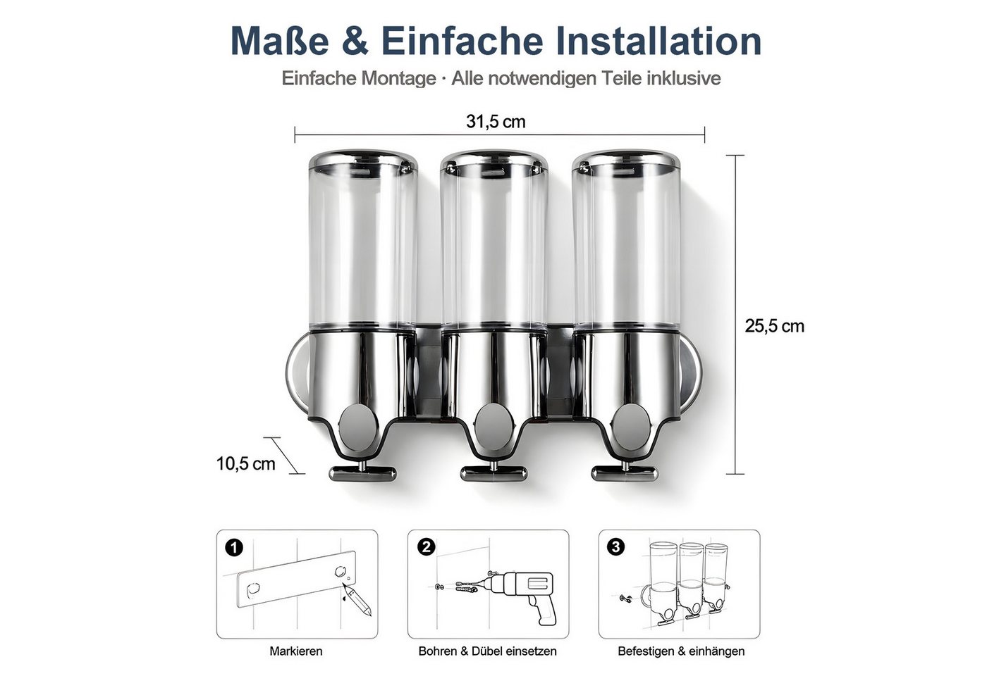 HEYHIPPO Seifenspender Wandseifenspender mit manuellem Druck – 3×500 ml, ABS & Edelstahl, (Lotion-Spender mit transparentem Sichtfenster 31,5×25,5×10,5 cm), 3-Kammer Seifenspender 1500ml,manueller Druck, transparent, für Bad