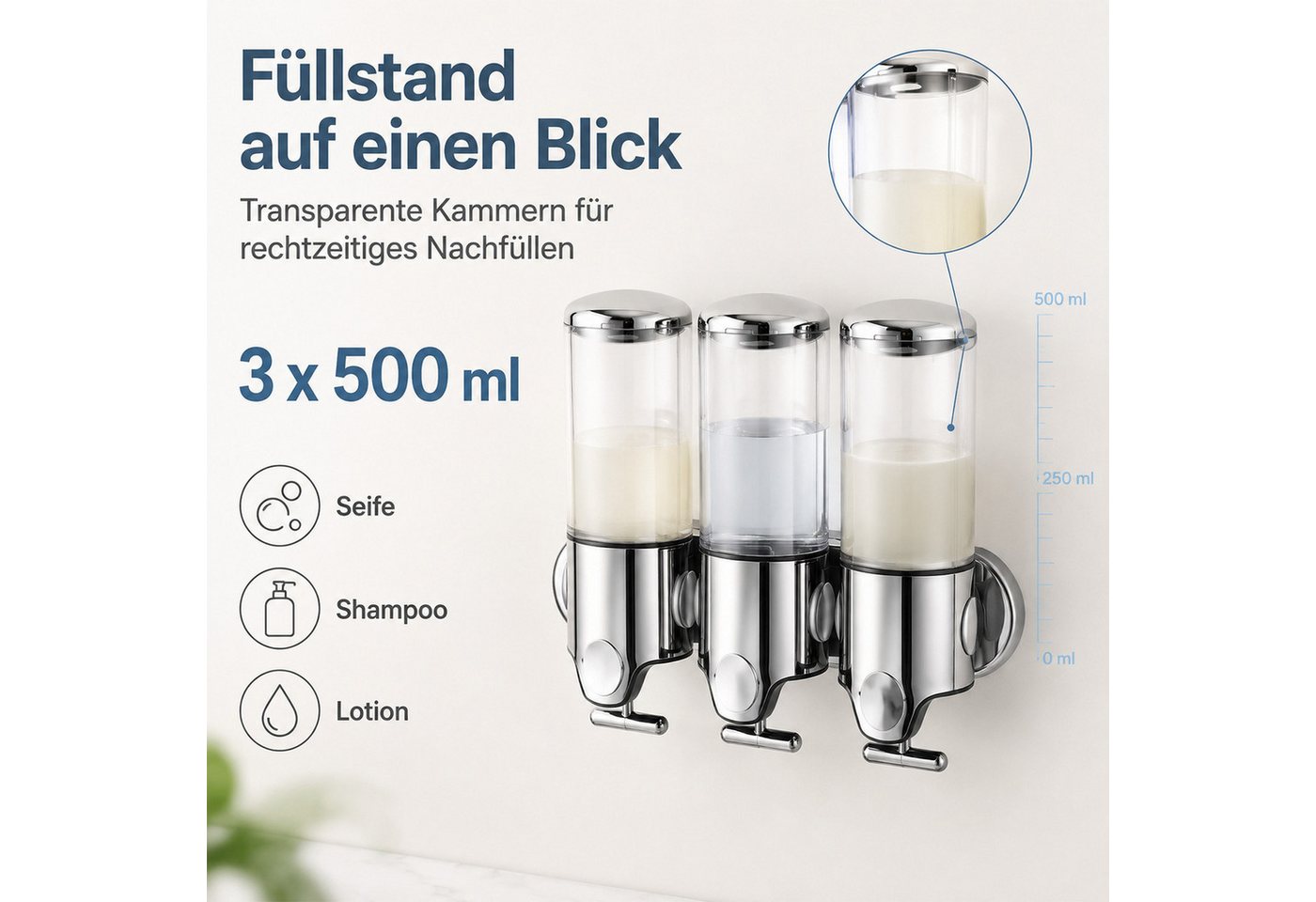 HEYHIPPO Seifenspender Wandseifenspender mit manuellem Druck – 3×500 ml, ABS & Edelstahl, (Lotion-Spender mit transparentem Sichtfenster 31,5×25,5×10,5 cm), 3-Kammer Seifenspender 1500ml,manueller Druck, transparent, für Bad Bild 2