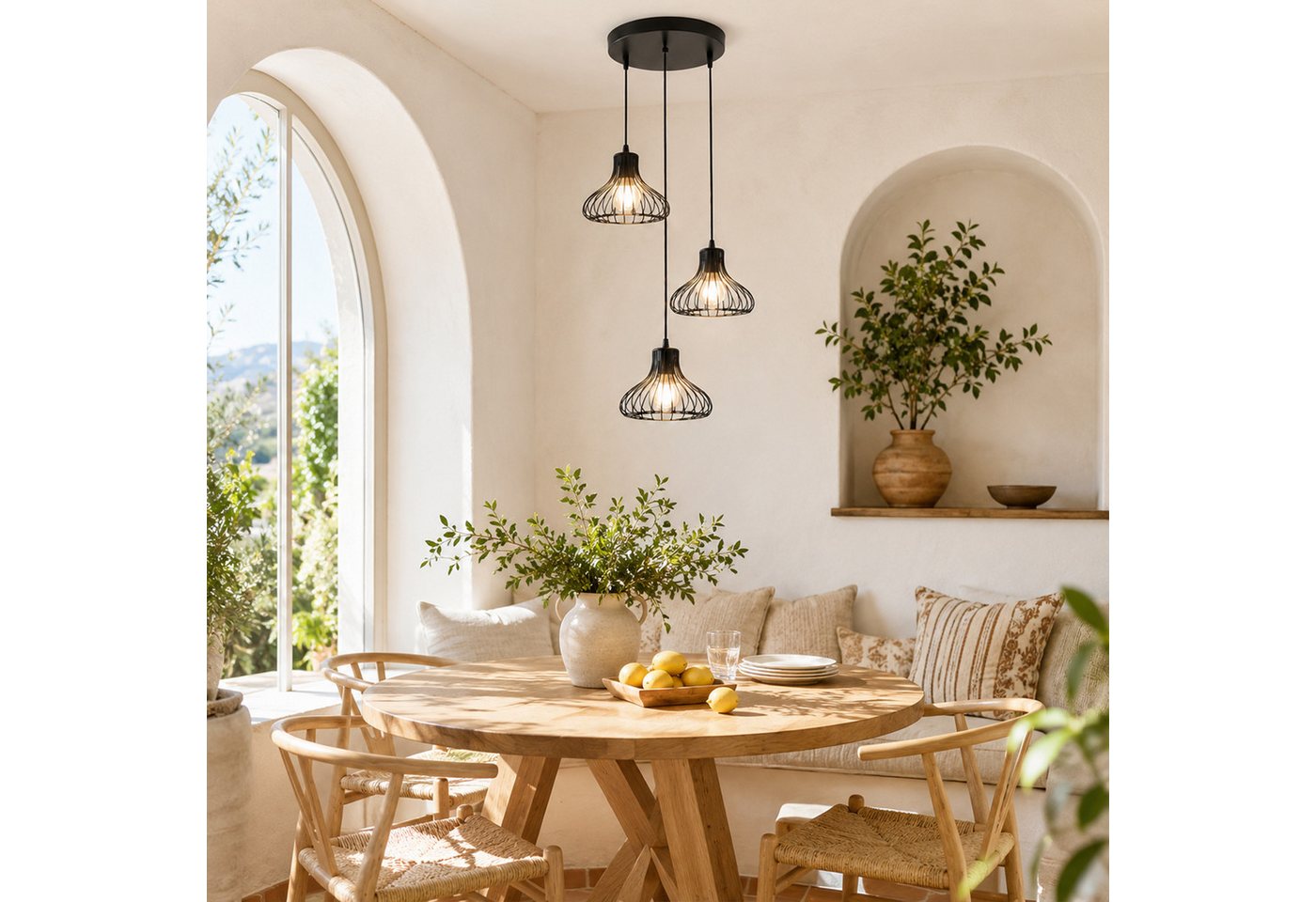 Fyrove Deckenleuchte Höhenverstellbare Esstischlampe 3-flammig, ohne Leuchtmittel, Offenes Metallkafig-Design, E27(Gluhbirne nicht enthalten), höhenverstellbare Esstischlampe für Küche Esszimmer Wohnzimmer