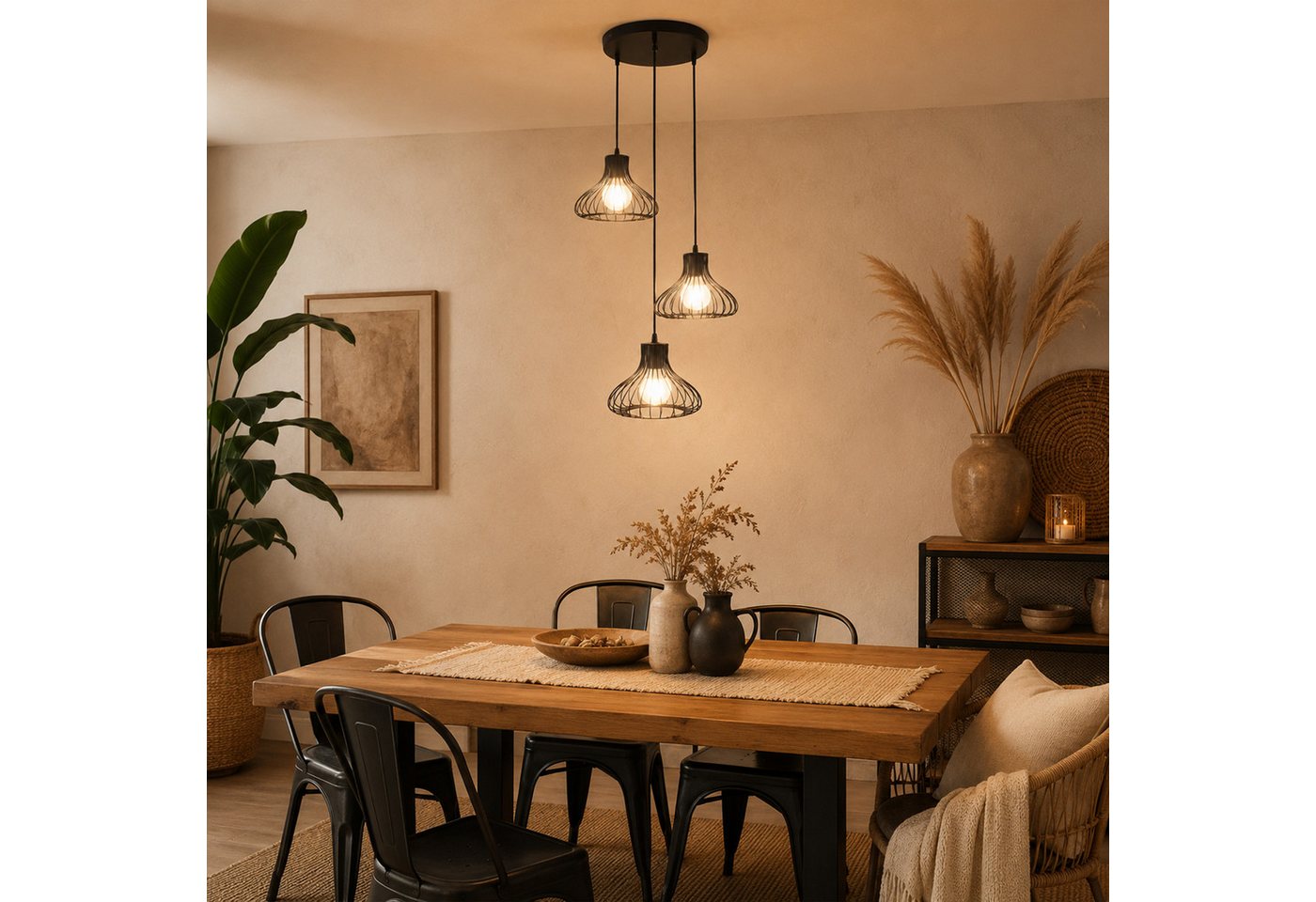 Fyrove Deckenleuchte Höhenverstellbare Esstischlampe 3-flammig, ohne Leuchtmittel, Offenes Metallkafig-Design, E27(Gluhbirne nicht enthalten), höhenverstellbare Esstischlampe für Küche Esszimmer Wohnzimmer Bild 2