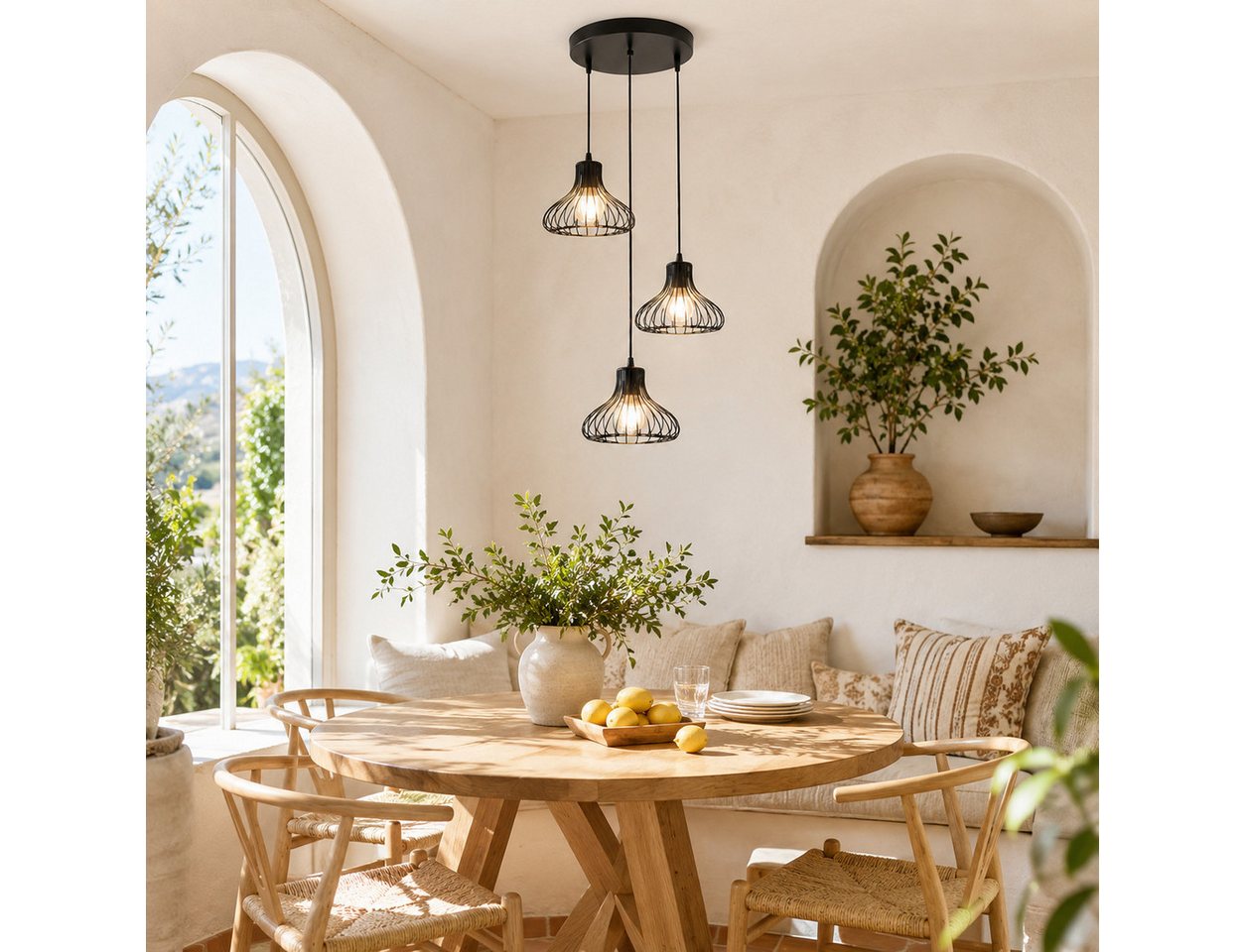 Fyrove Deckenleuchte Höhenverstellbare Esstischlampe 3-flammig, ohne Leuchtmittel, Offenes Metallkafig-Design, E27(Gluhbirne nicht enthalten), höhenverstellbare Esstischlampe für Küche Esszimmer Wohnzimmer Bild 3