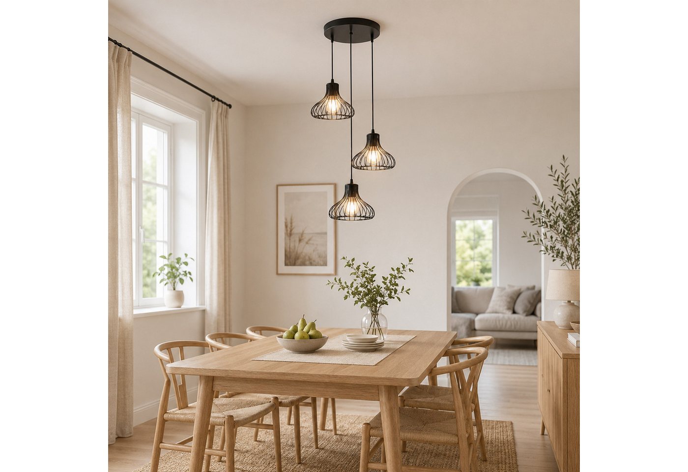 Fyrove Deckenleuchte Höhenverstellbare Esstischlampe 3-flammig, ohne Leuchtmittel, Offenes Metallkafig-Design, E27(Gluhbirne nicht enthalten), höhenverstellbare Esstischlampe für Küche Esszimmer Wohnzimmer Bild 4