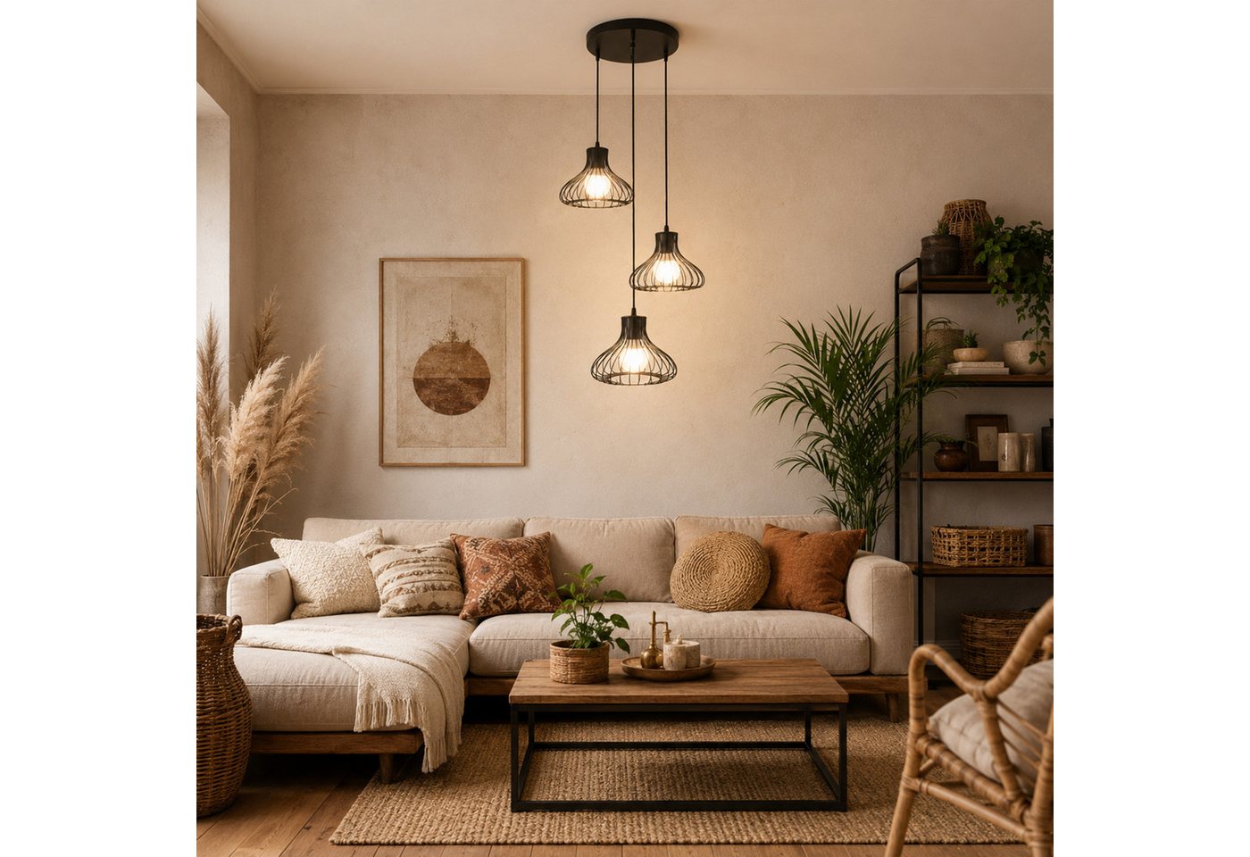 Fyrove Deckenleuchte Höhenverstellbare Esstischlampe 3-flammig, ohne Leuchtmittel, Offenes Metallkafig-Design, E27(Gluhbirne nicht enthalten), höhenverstellbare Esstischlampe für Küche Esszimmer Wohnzimmer Bild 5