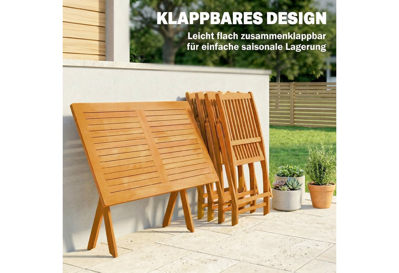 Outsunny Garten-Essgruppe Akazienholz Klappbar Tisch mit 4 Klappstühlen Gartenset, (Sitzgruppe, 5-tlg., Gartenmöbel Set), für Garten Balkon Naturholz