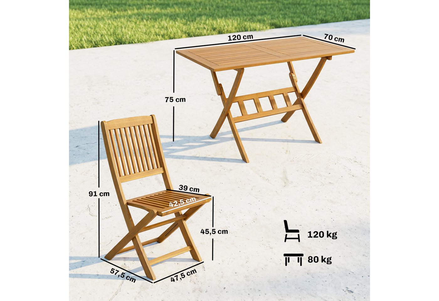 Outsunny Garten-Essgruppe Akazienholz Klappbar Tisch mit 4 Klappstühlen Gartenset, (Sitzgruppe, 5-tlg., Gartenmöbel Set), für Garten Balkon Naturholz Bild 2
