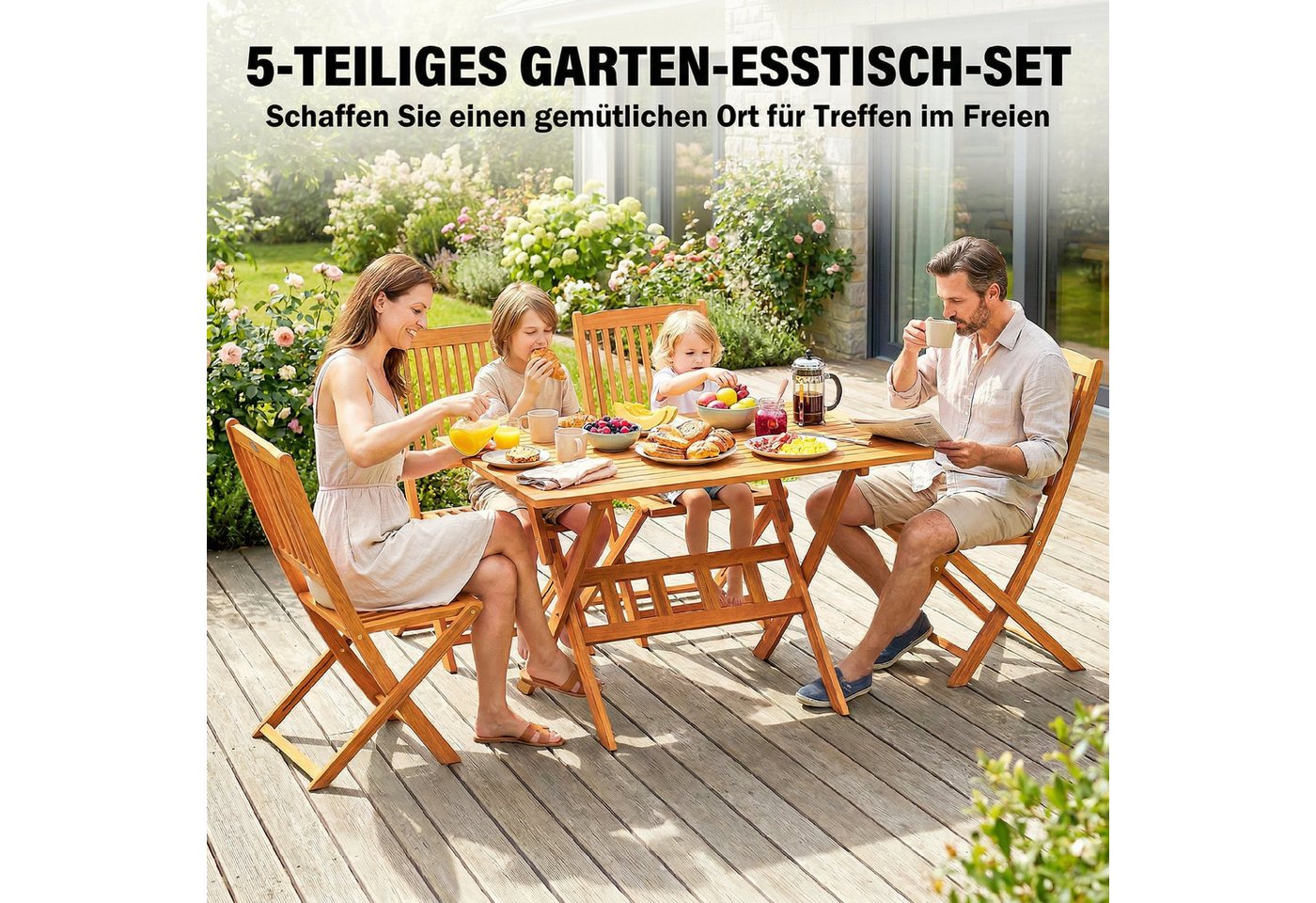 Outsunny Garten-Essgruppe Akazienholz Klappbar Tisch mit 4 Klappstühlen Gartenset, (Sitzgruppe, 5-tlg., Gartenmöbel Set), für Garten Balkon Naturholz Bild 3