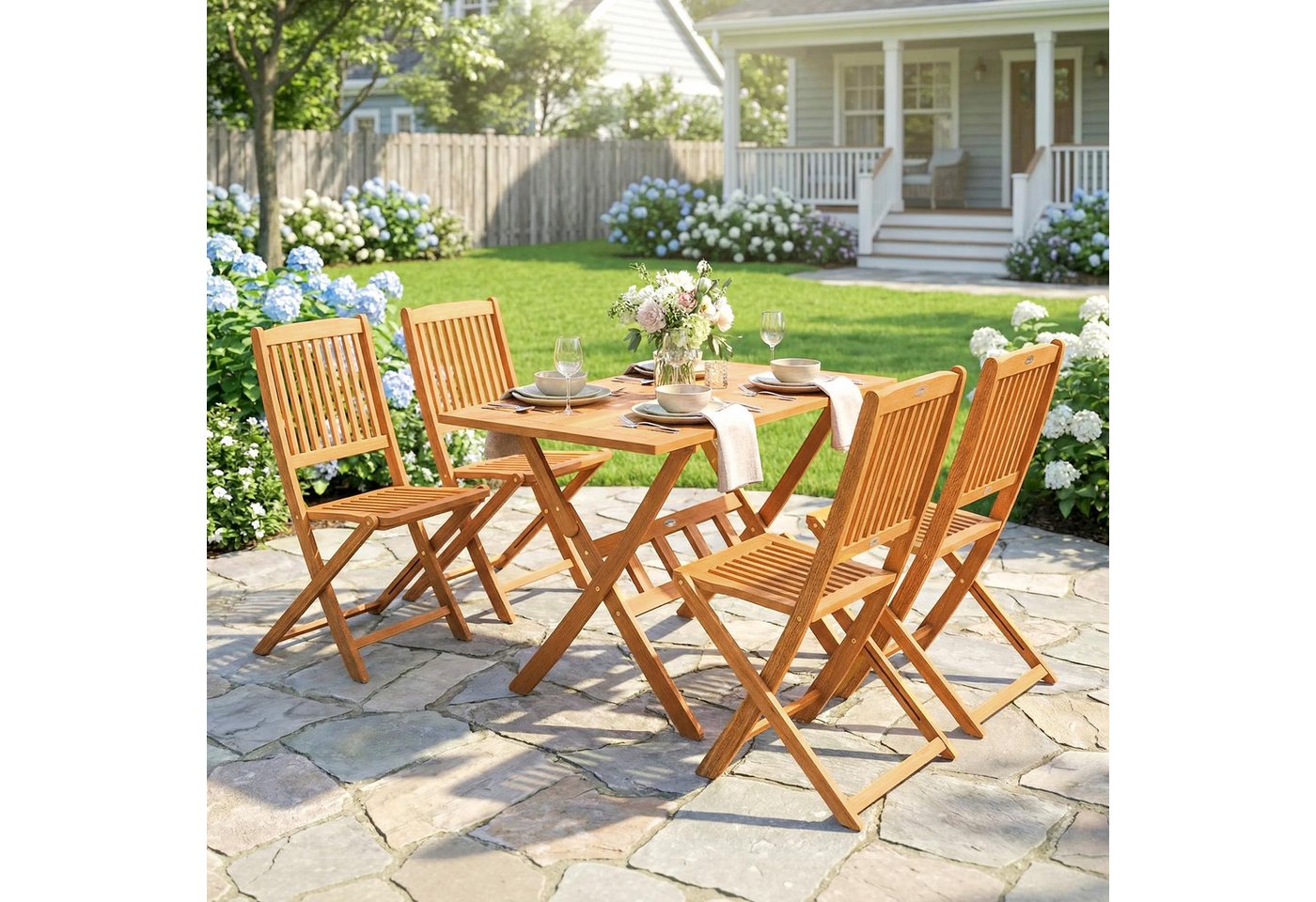 Outsunny Garten-Essgruppe Akazienholz Klappbar Tisch mit 4 Klappstühlen Gartenset, (Sitzgruppe, 5-tlg., Gartenmöbel Set), für Garten Balkon Naturholz Bild 5