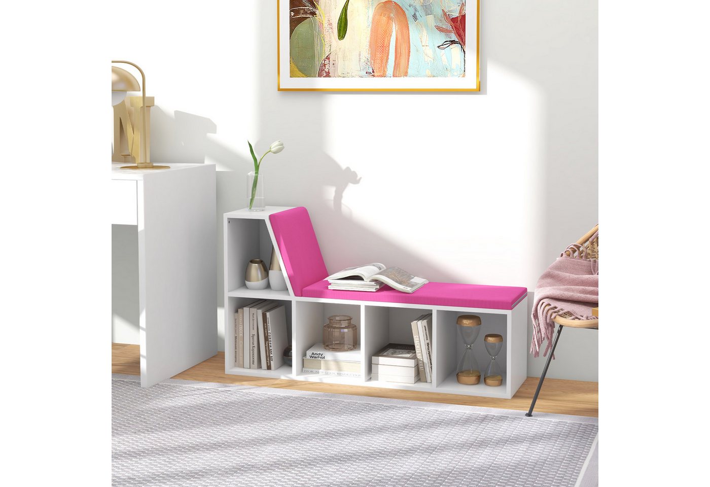 MC Star Bücherregal 2-in-1 Bücherregal/Bank mit 5 Staufächern und 2 Kissen, 108 x 30 x 60 cm, weiß und rosa