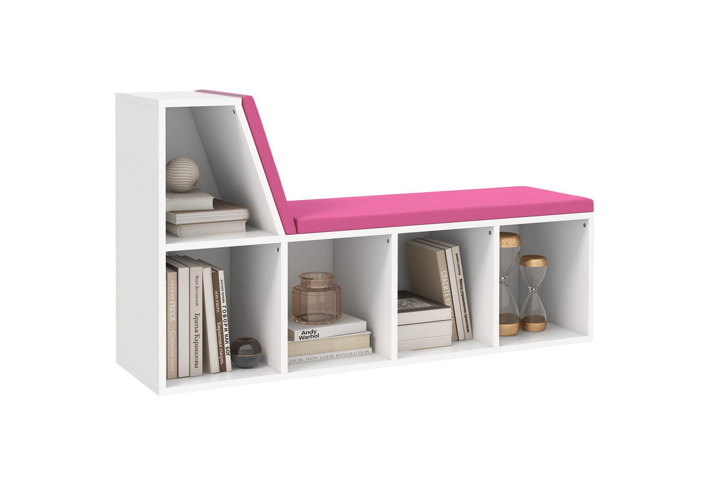 MC Star Bücherregal 2-in-1 Bücherregal/Bank mit 5 Staufächern und 2 Kissen, 108 x 30 x 60 cm, weiß und rosa Bild 2