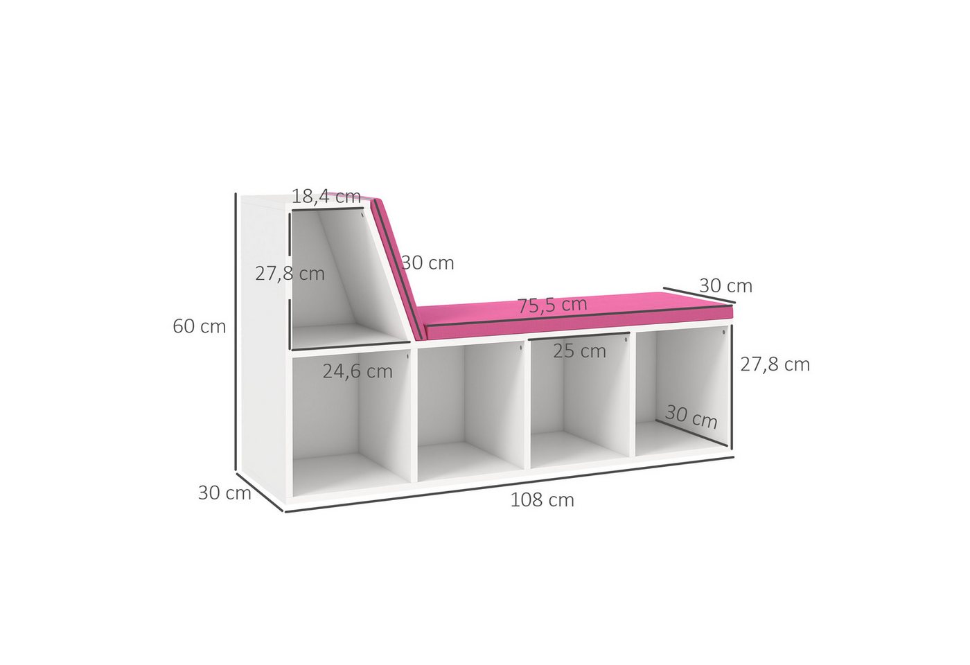 MC Star Bücherregal 2-in-1 Bücherregal/Bank mit 5 Staufächern und 2 Kissen, 108 x 30 x 60 cm, weiß und rosa Bild 3