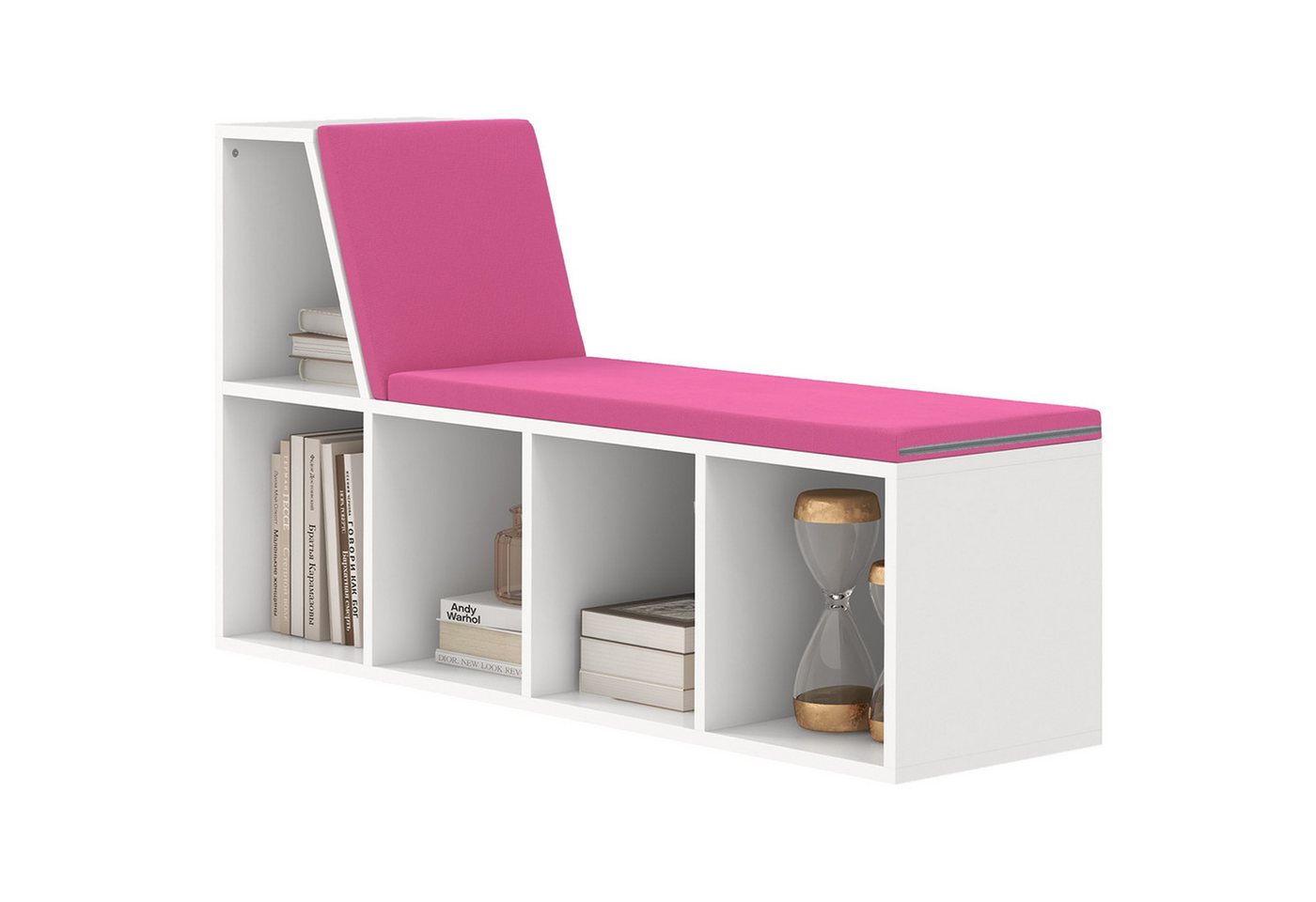 MC Star Bücherregal 2-in-1 Bücherregal/Bank mit 5 Staufächern und 2 Kissen, 108 x 30 x 60 cm, weiß und rosa Bild 4